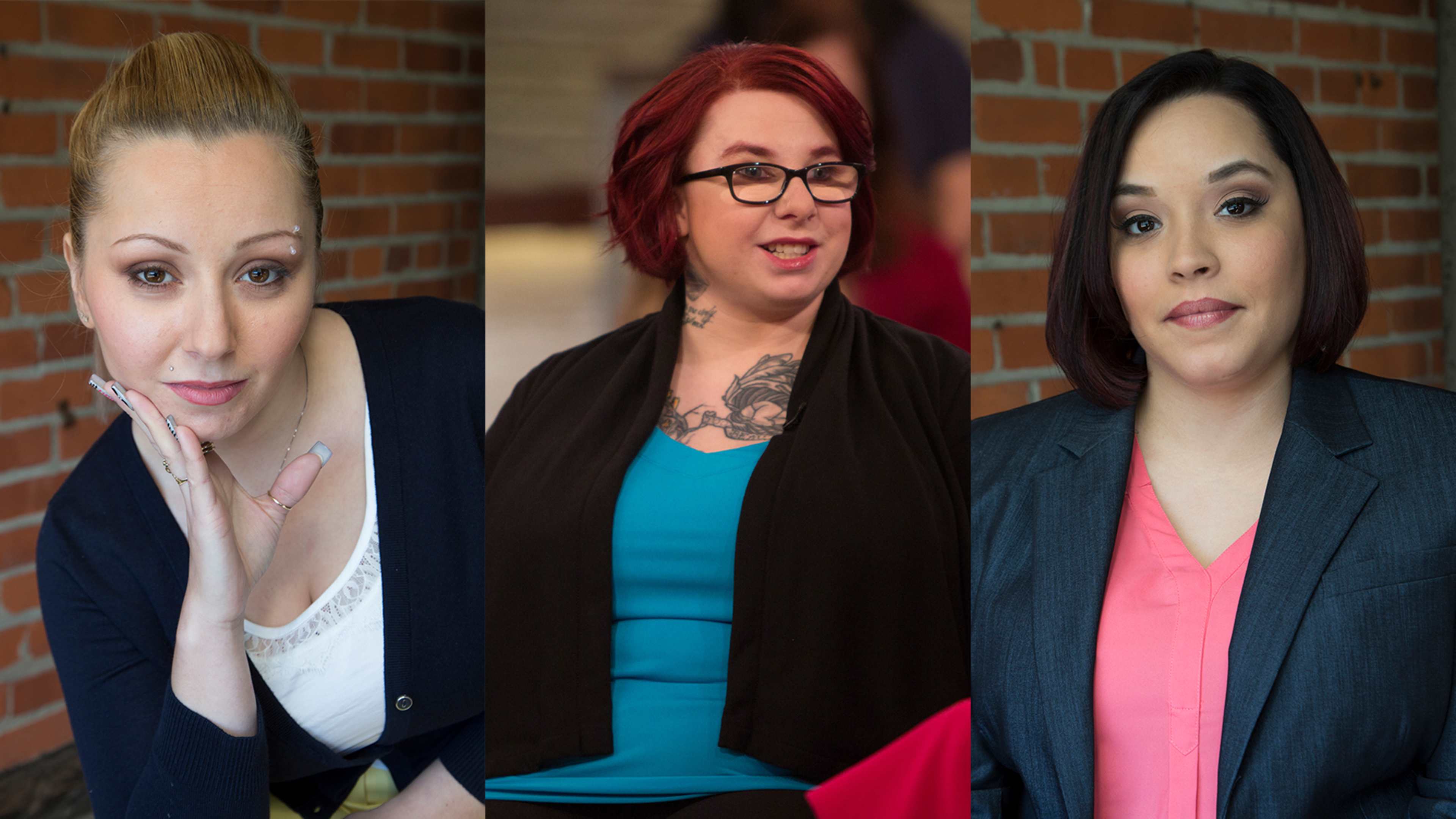 Three women with distinct appearances and styles are shown against a brick wall background.