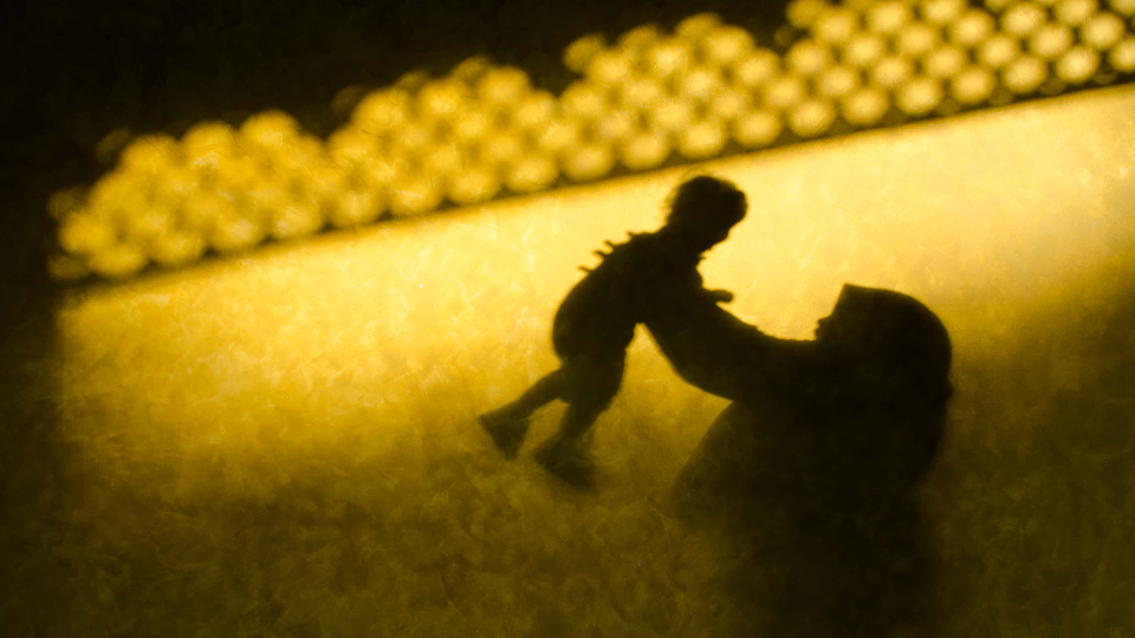 The image depicts a silhouetted figure in the foreground against a backdrop of a patterned, yellow-toned surface.