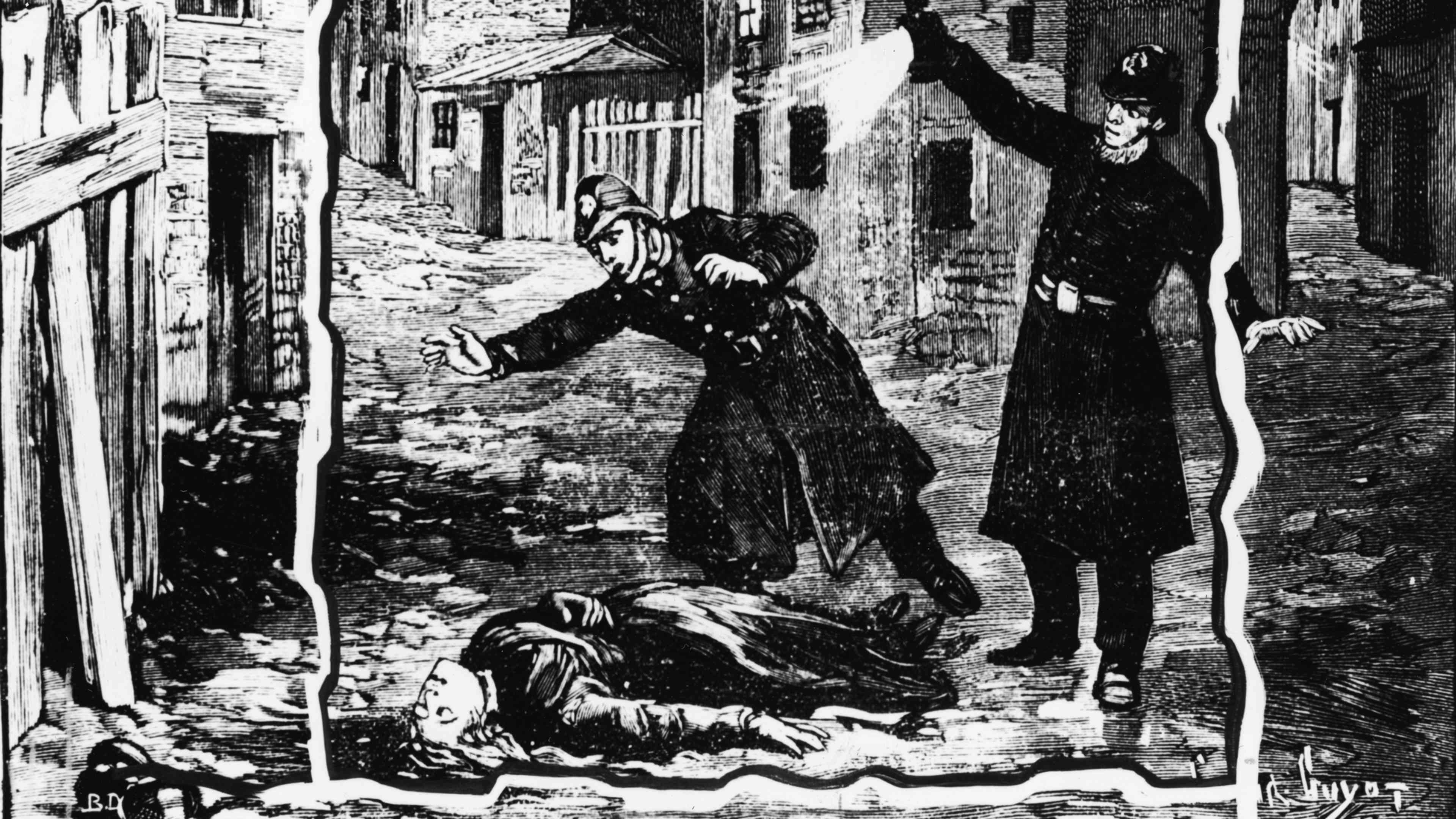 A black and white illustration depicting a grim scene in a dimly lit alleyway, with a figure lying on the ground and another figure standing over them in a menacing posture.