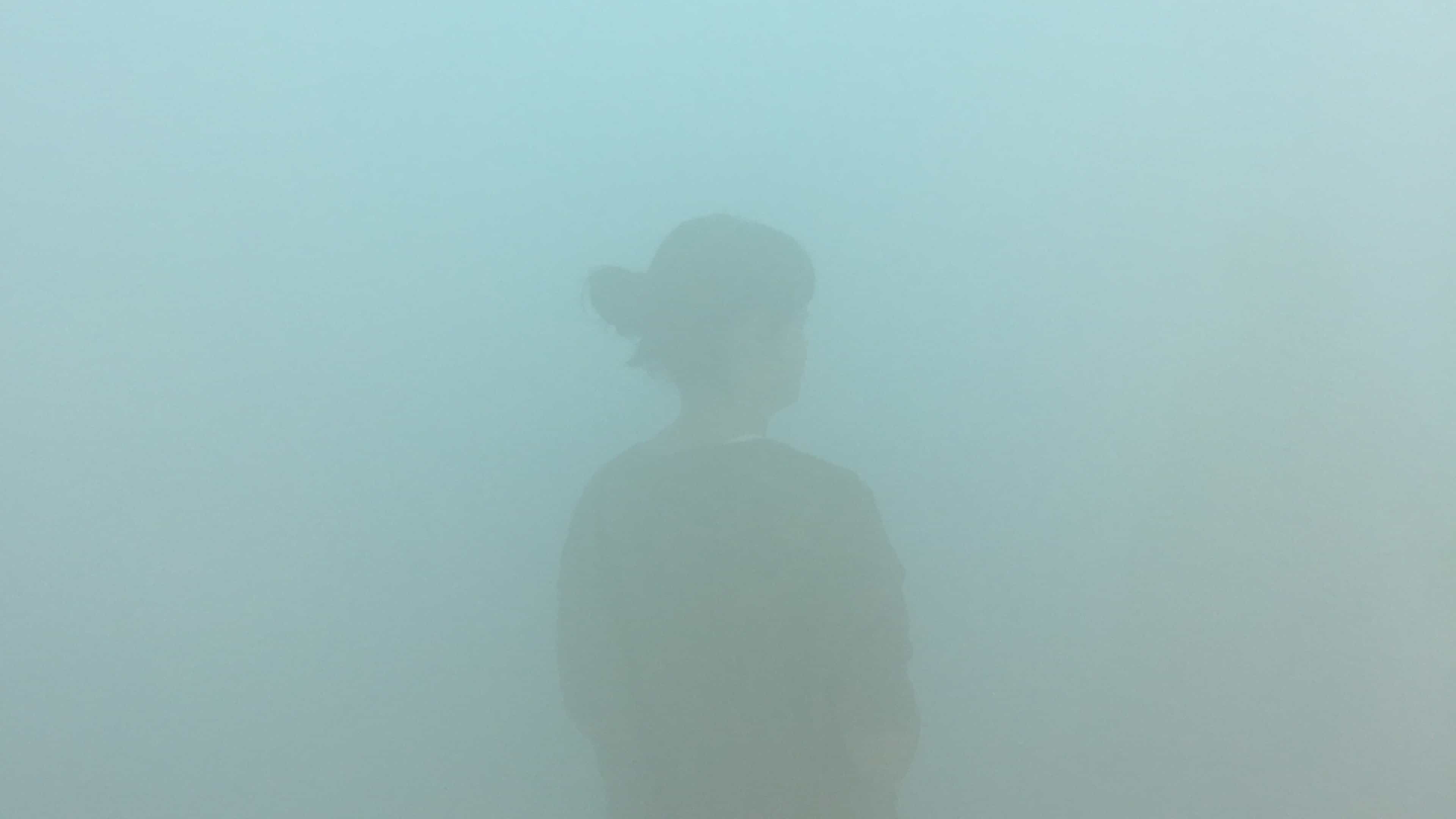 A shadowy figure stands in the foreground, obscured by a hazy, teal-colored mist or fog in the background.