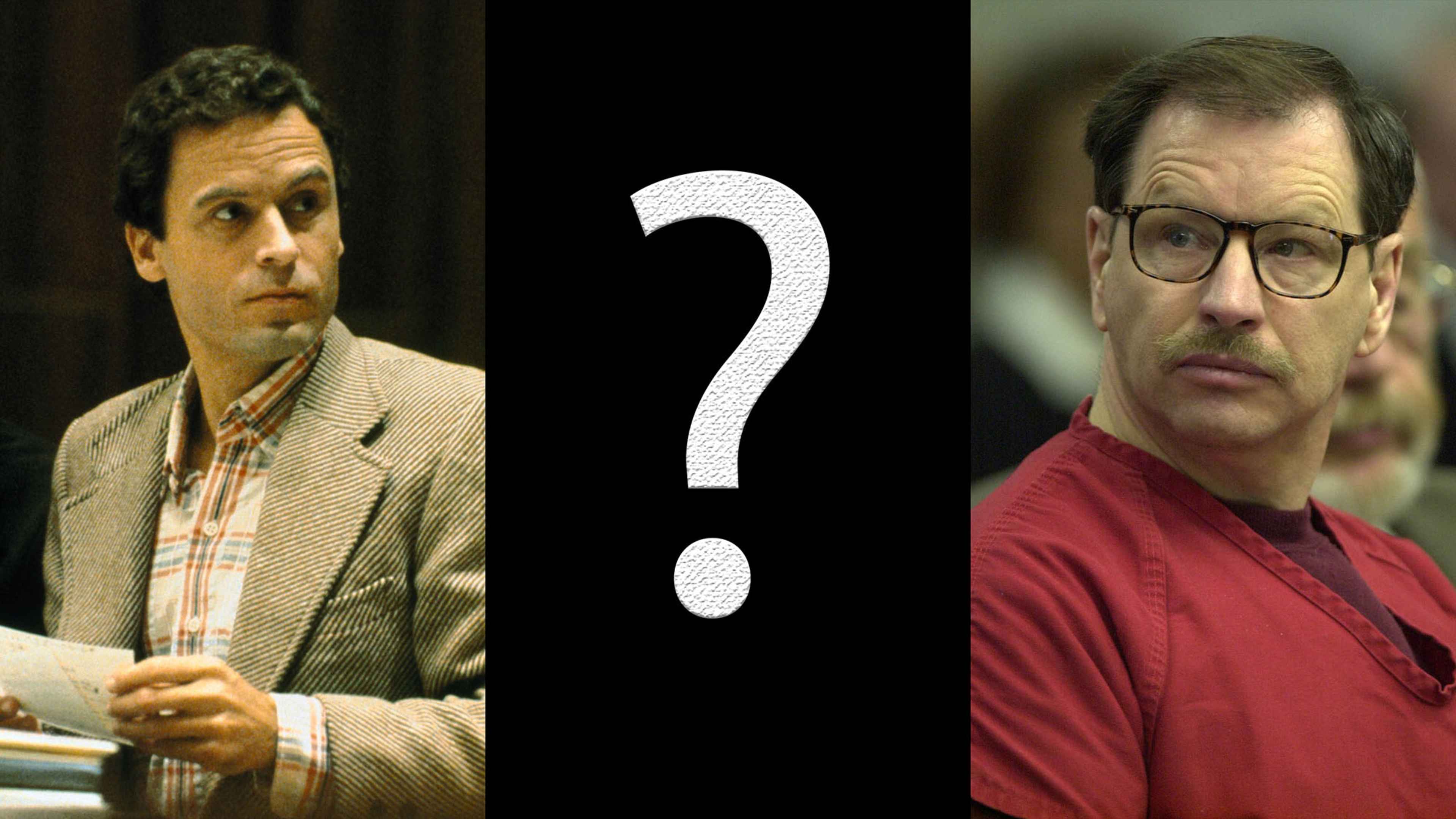 The image shows two men in different attire, with a large question mark in the center.