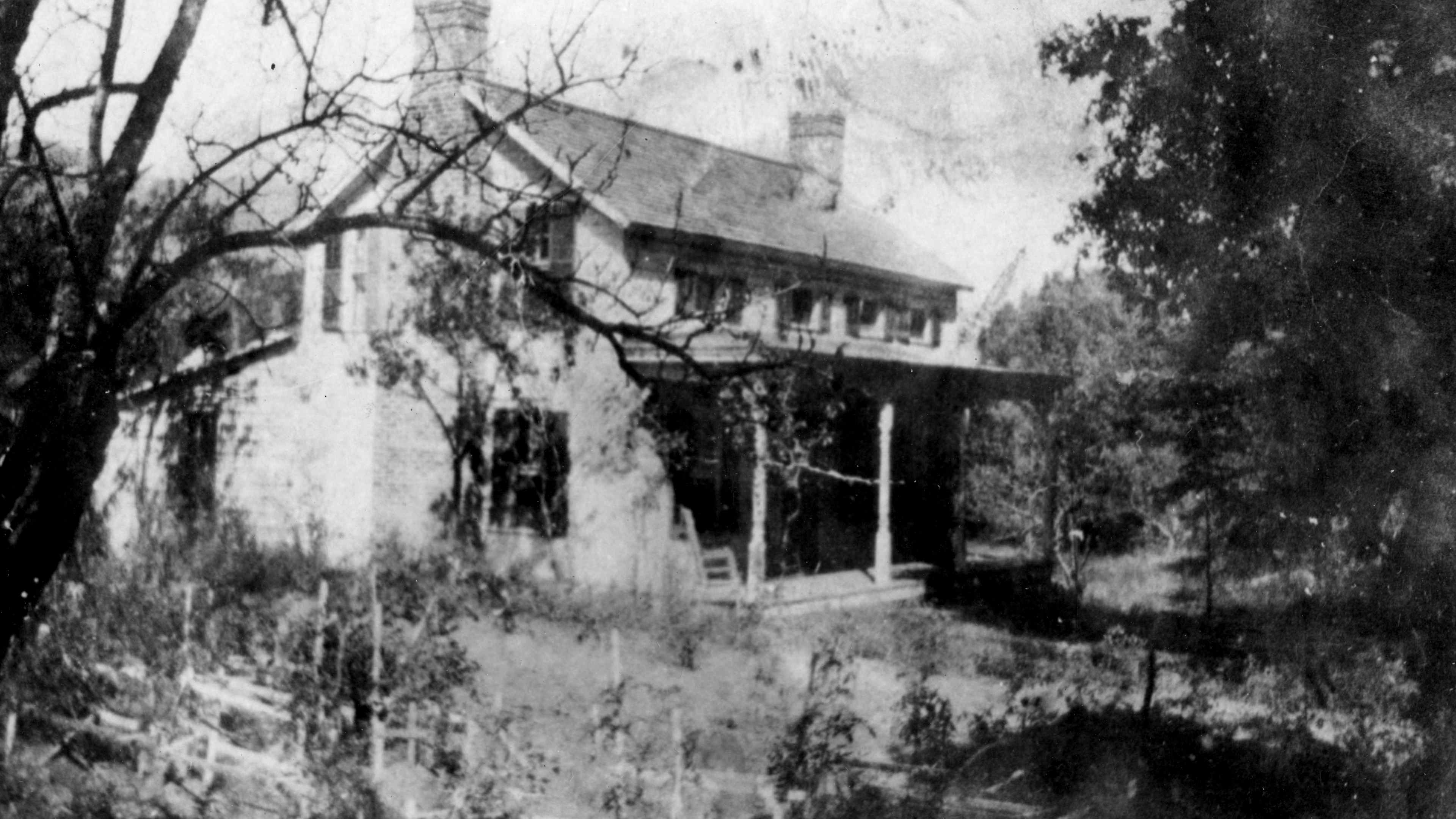 An old, dilapidated house surrounded by overgrown vegetation and bare trees, with a gloomy, eerie atmosphere.