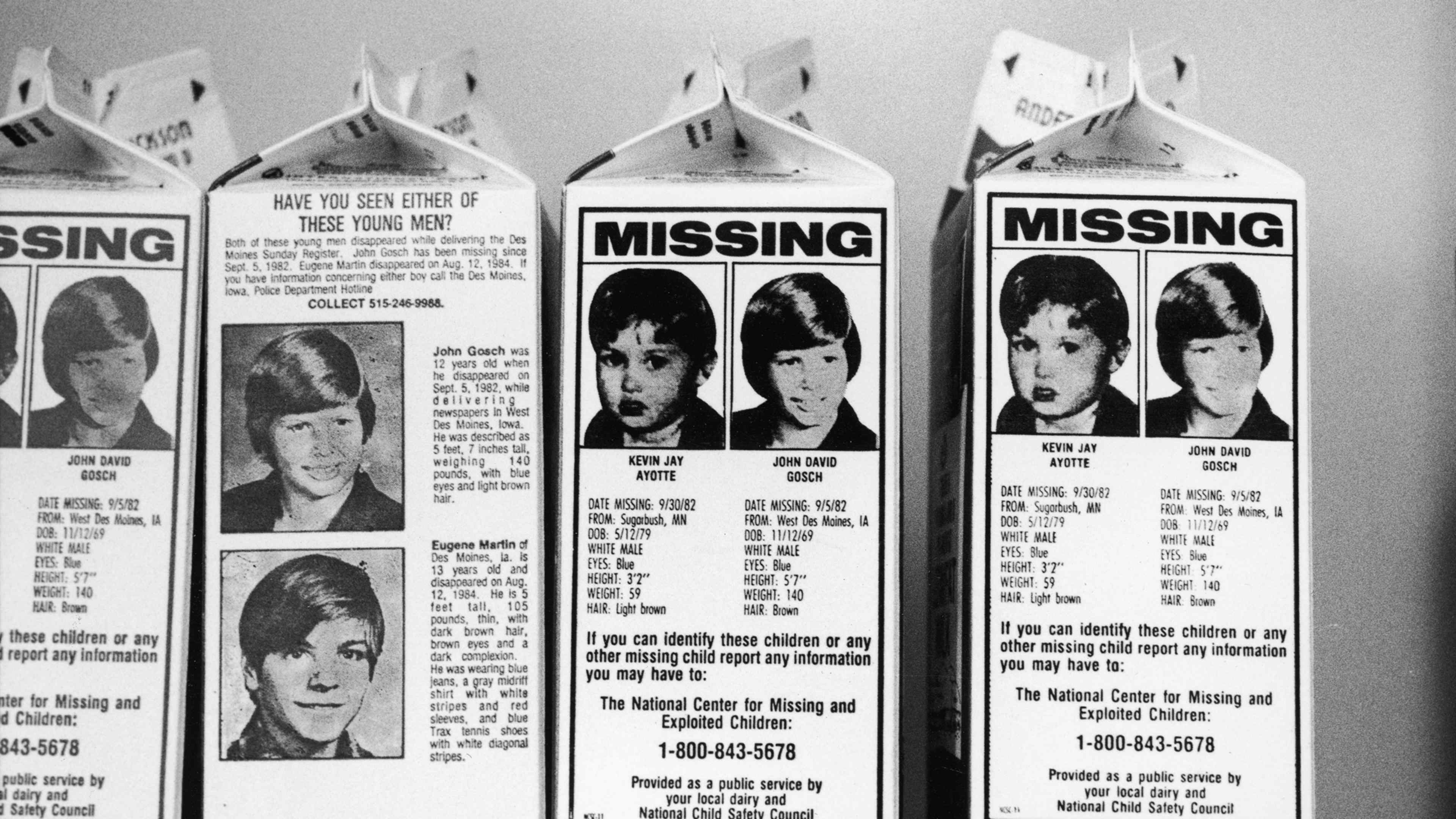 The image shows several missing person posters, each featuring photographs and details of individuals who have gone missing.