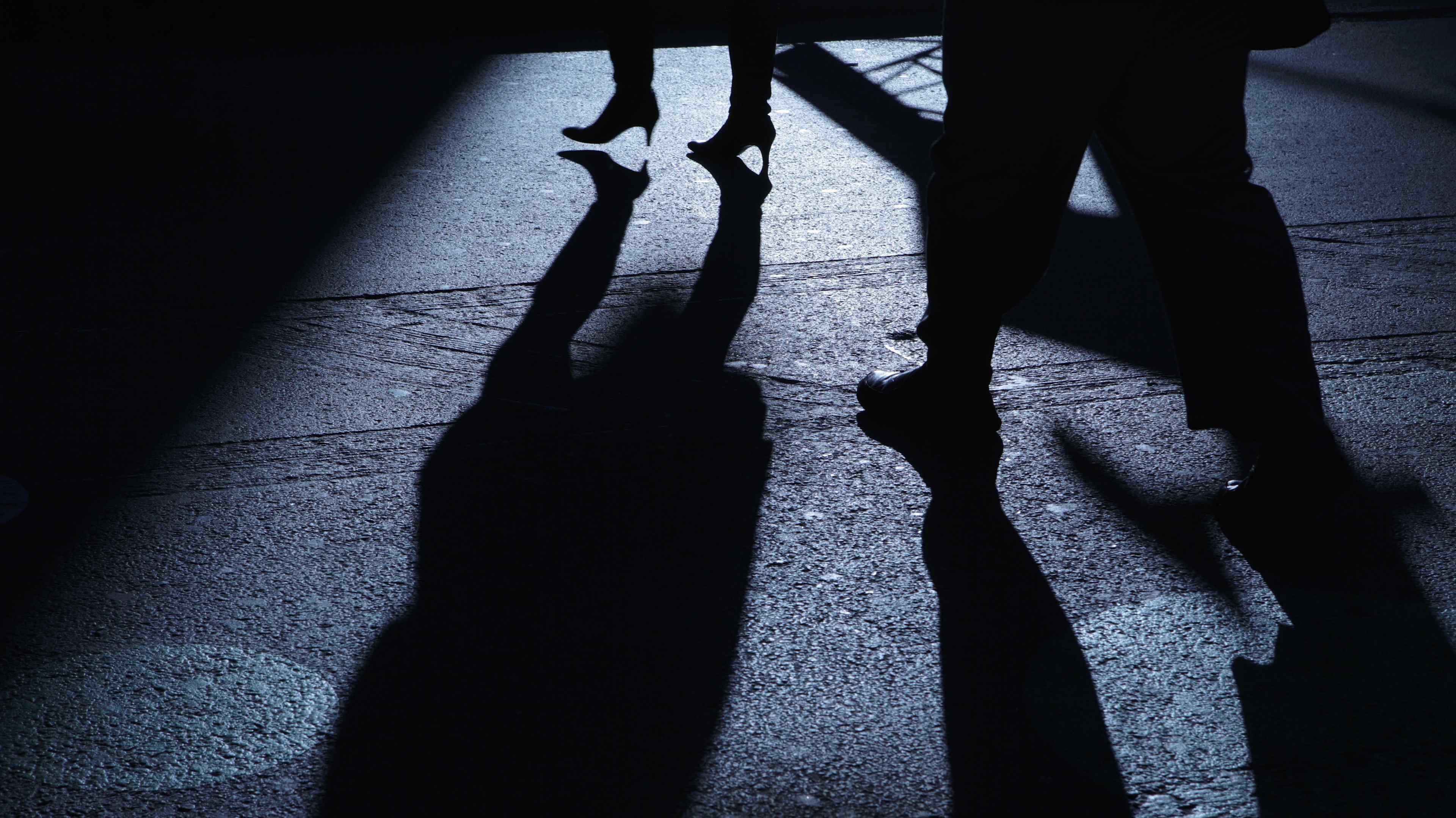 The image depicts the silhouettes of two people walking on a dimly lit street, their shadows cast on the ground creating an intriguing and mysterious atmosphere.