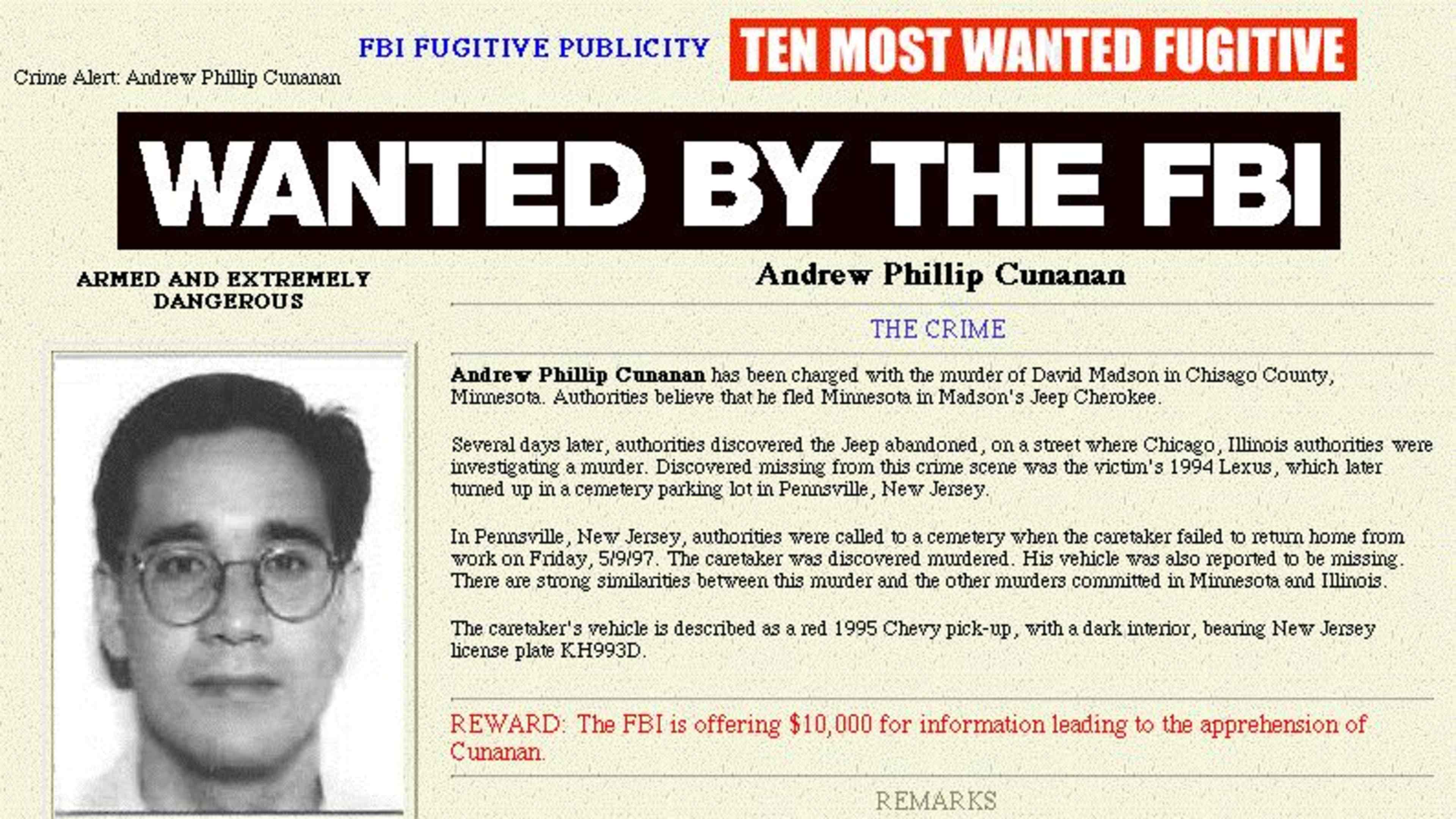 The FBI's listing for Andrew Phillip Cunanan.