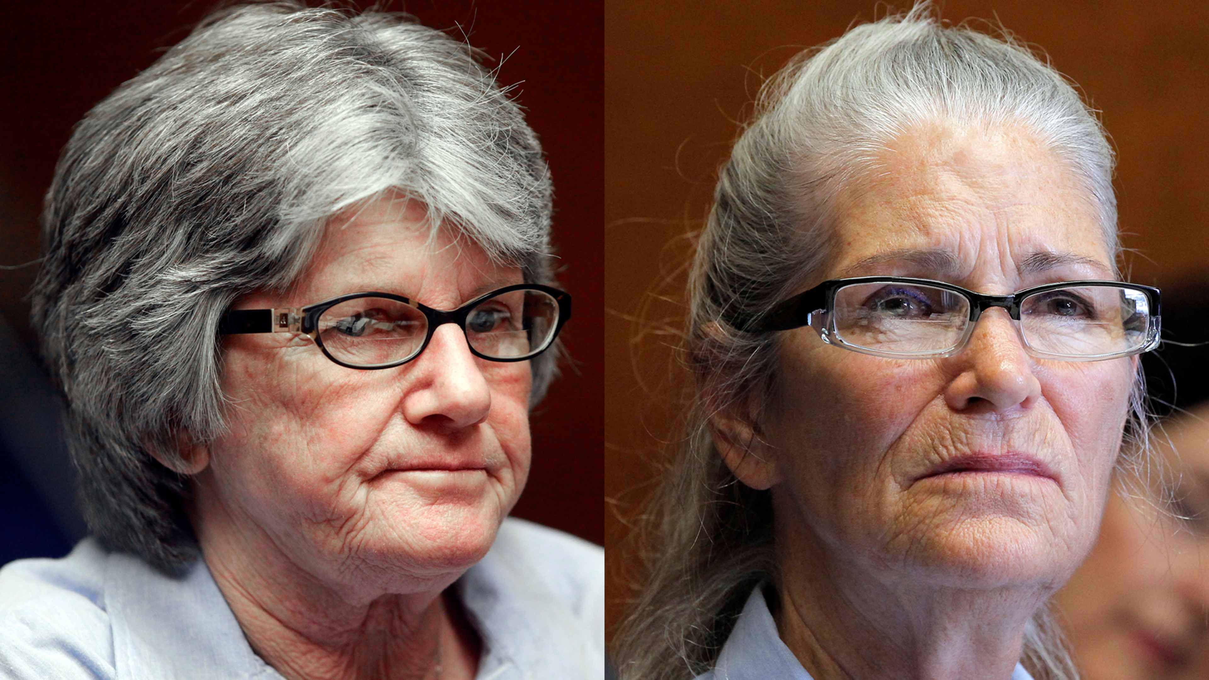 The image shows two elderly women with gray hair and glasses, appearing to be in a formal setting.