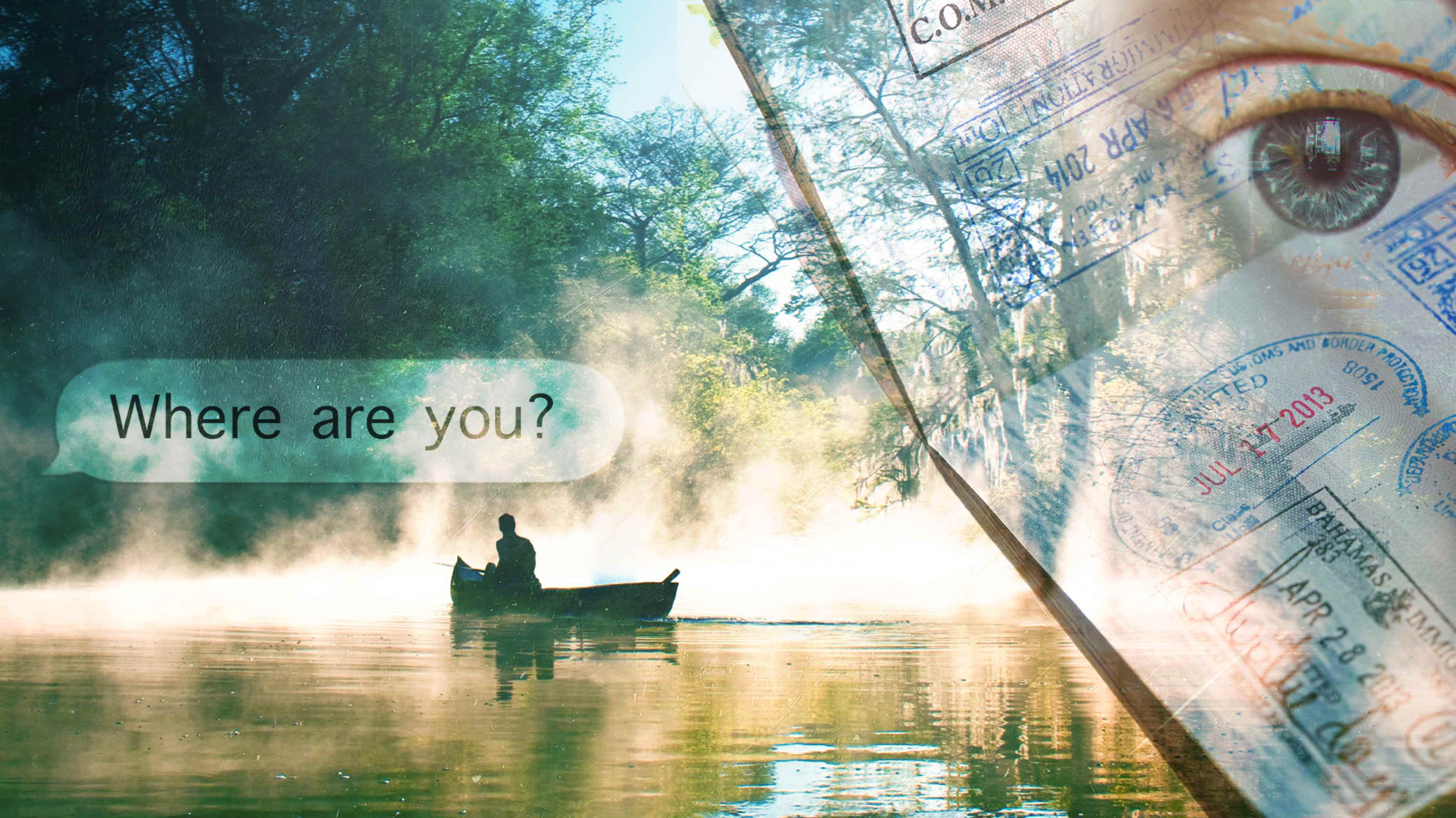 Everglades ya National Park - canoeing in mist; Extremely close up of blue women's eye; Studio shot of US passports with stamps; Grungy Red Gradient Film Overlay Texture