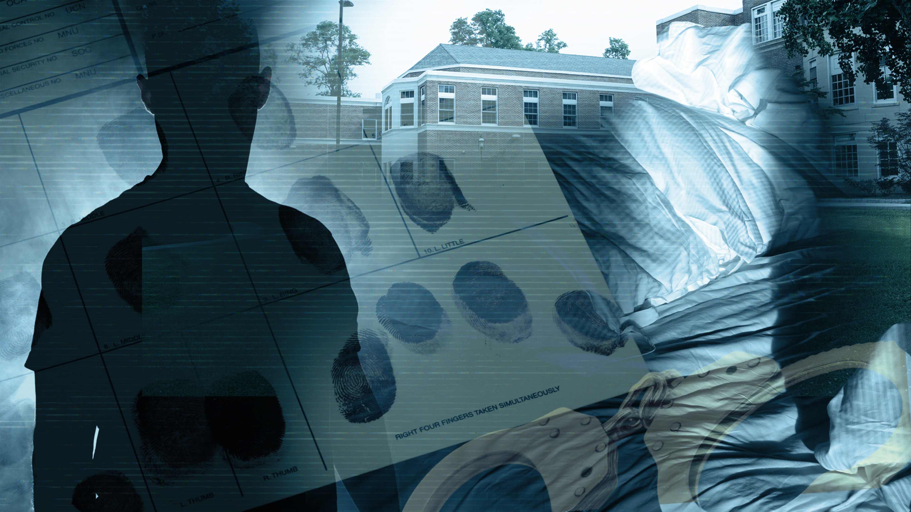 Fingerprints card in a forensic laboratory; bed in light; Metal handcuffs against white background.; Silhouette of man in a cloud of smoke; Group of friends (16-19) studying outdoors