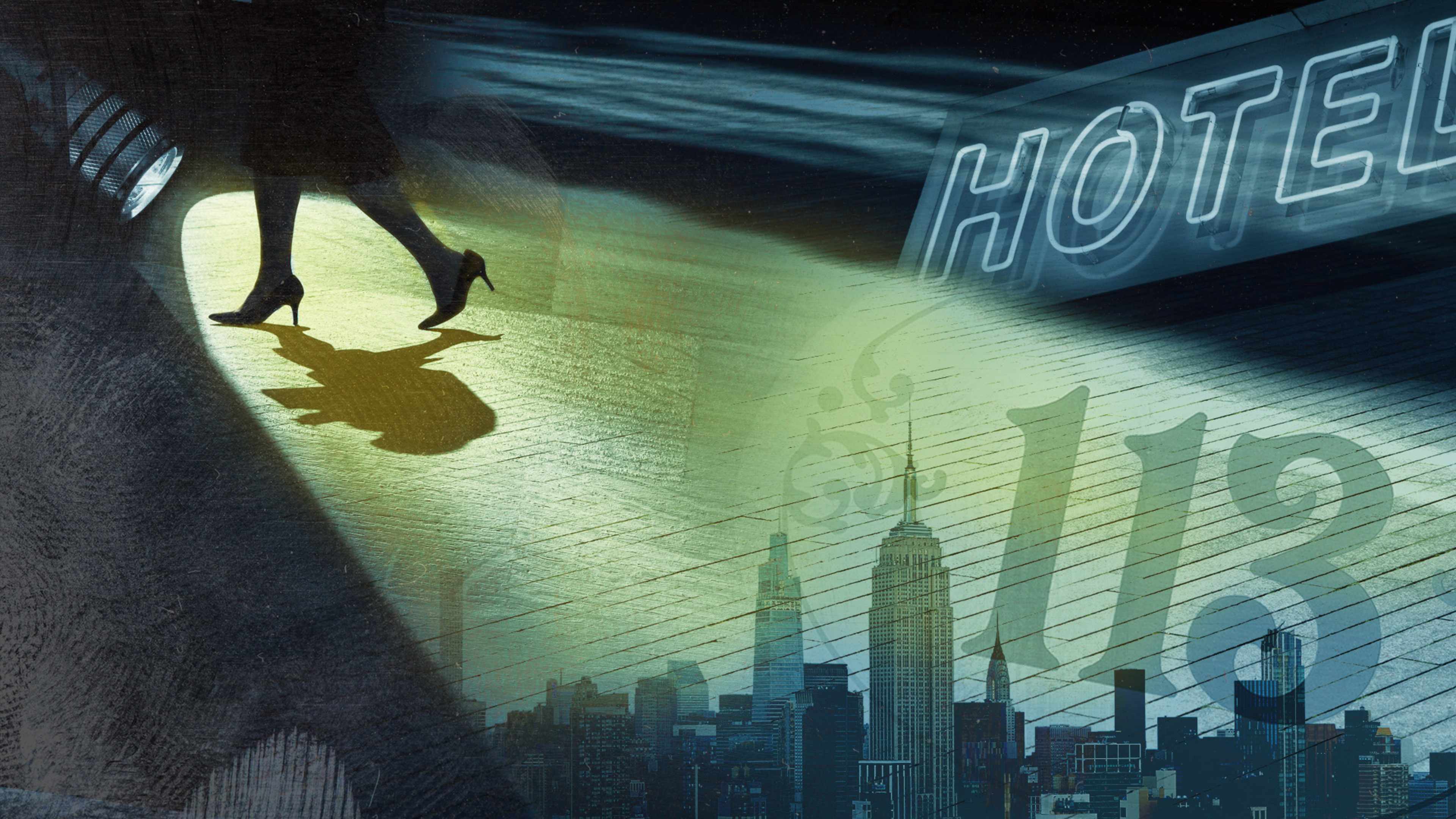 Hotel sign; number thirteen; Low angle view of businessman walking; Flashlight shining a beam of light in darkness; Aerial photo looking North-East at the Empire State Building, Chrysler Building, 432 Park and surrounding skyscrapers in NYC; black surface