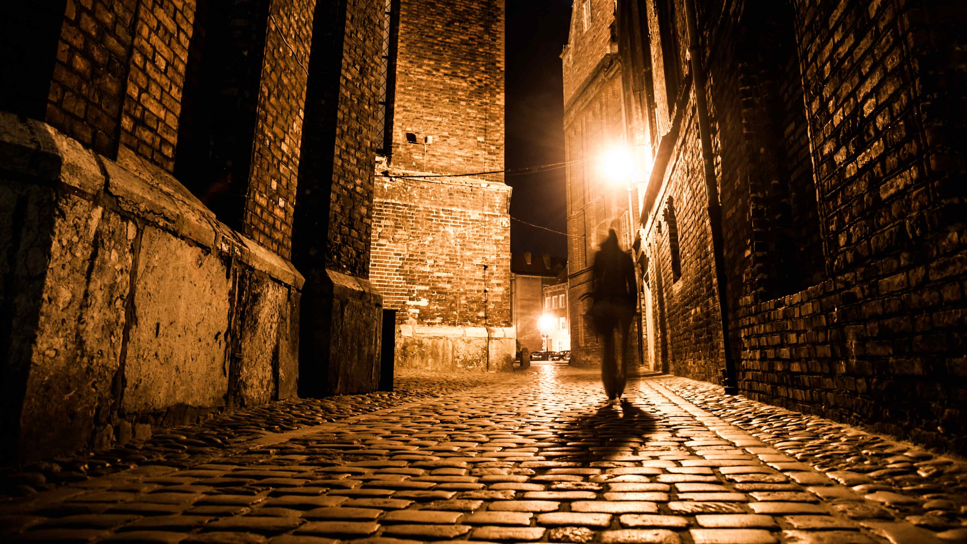 Illuminated cobbled street in old city by night
