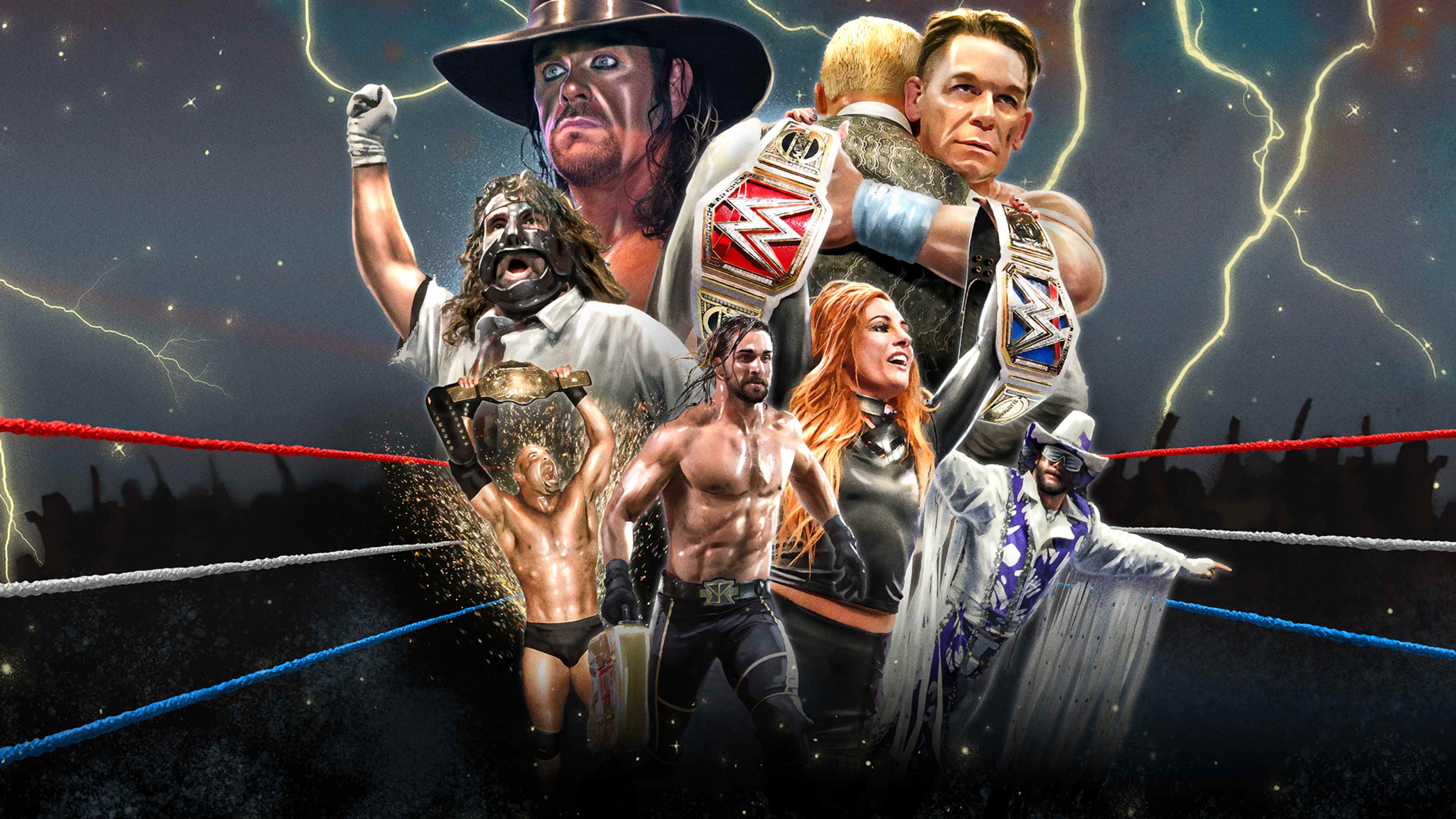 The image depicts a dramatic wrestling scene with several muscular wrestlers in the foreground, surrounded by a stormy, lightning-filled background.
