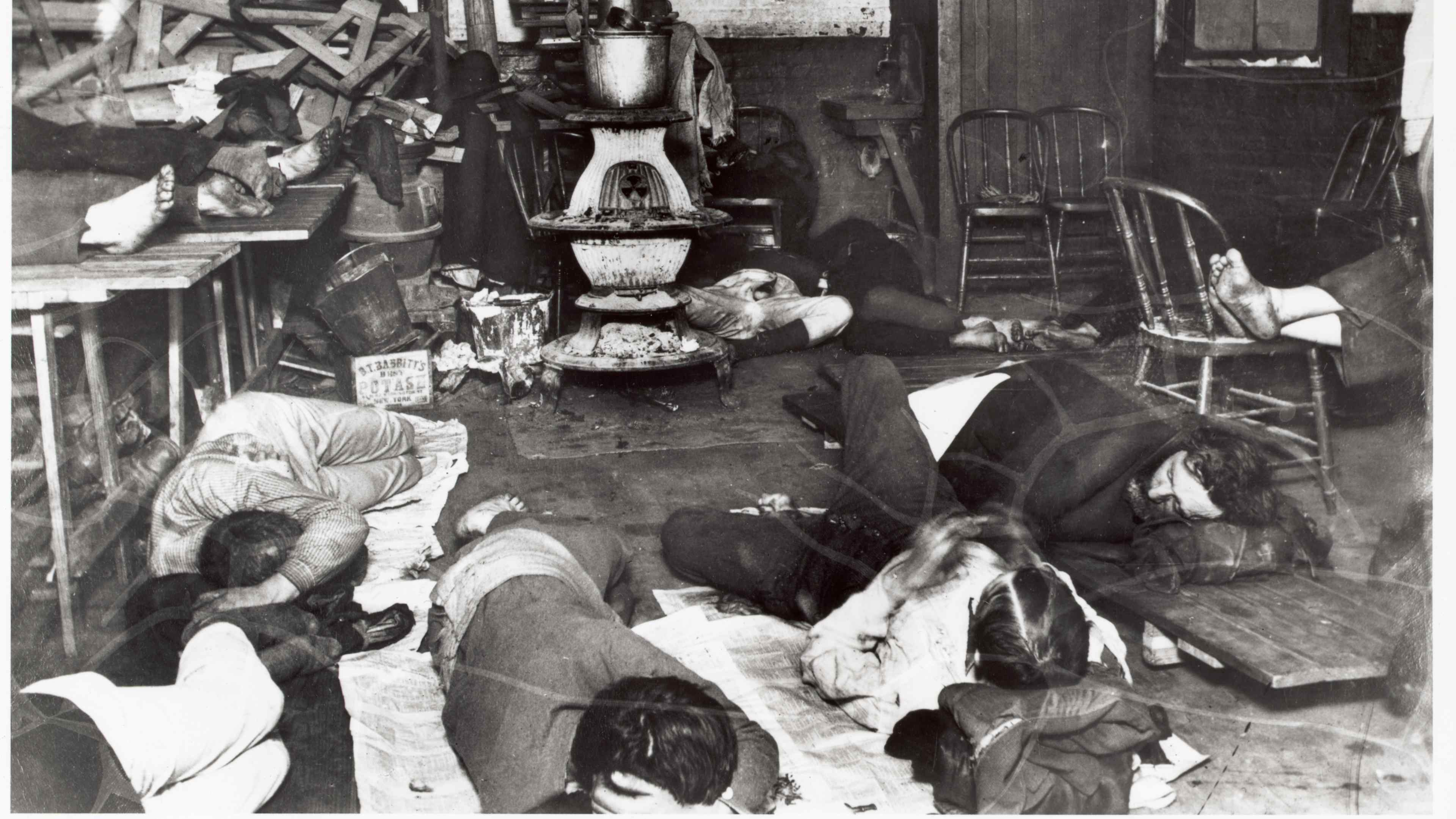Homeless People Sleeping in Shelter