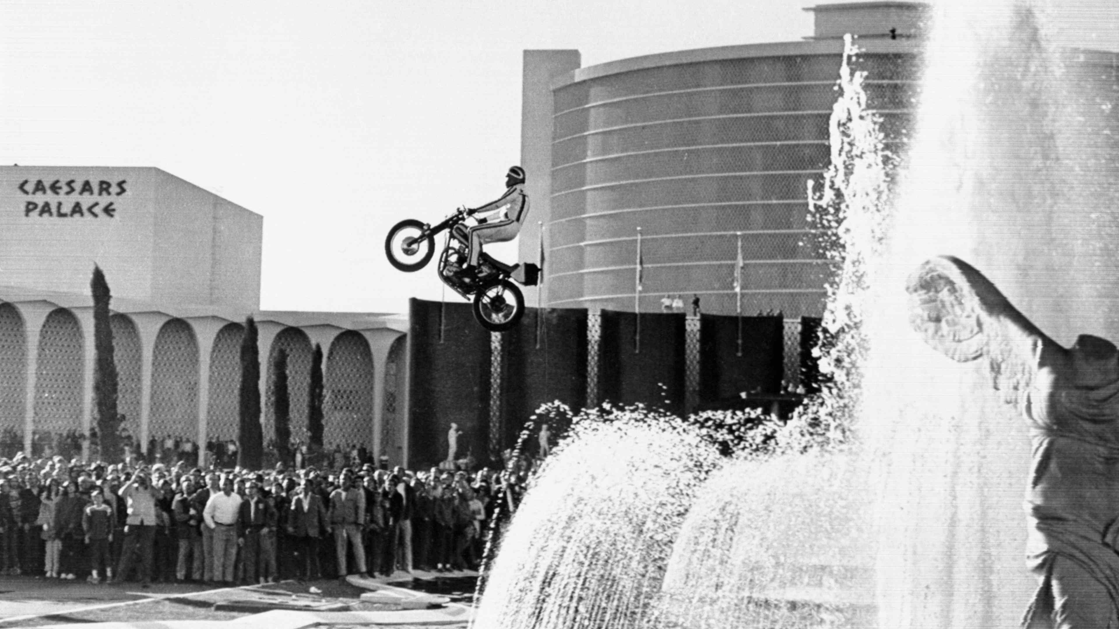 Evel Knievel Jumping Motorcycle over Fountain