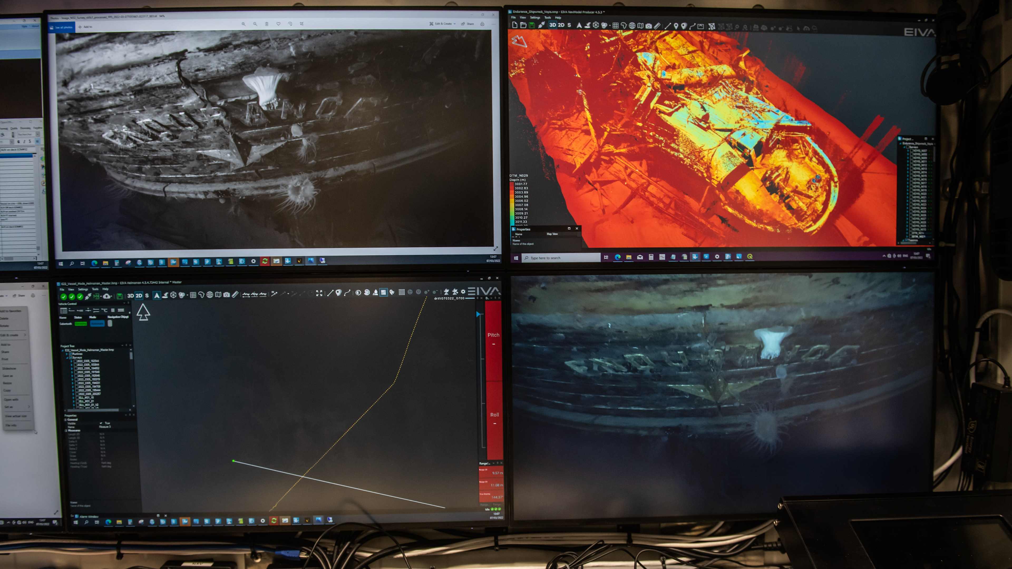 Screens inside the Endurance22 expedition ship, the S.A. Agulhas II, reveal the wreck of Ernest Shackleton's ship.