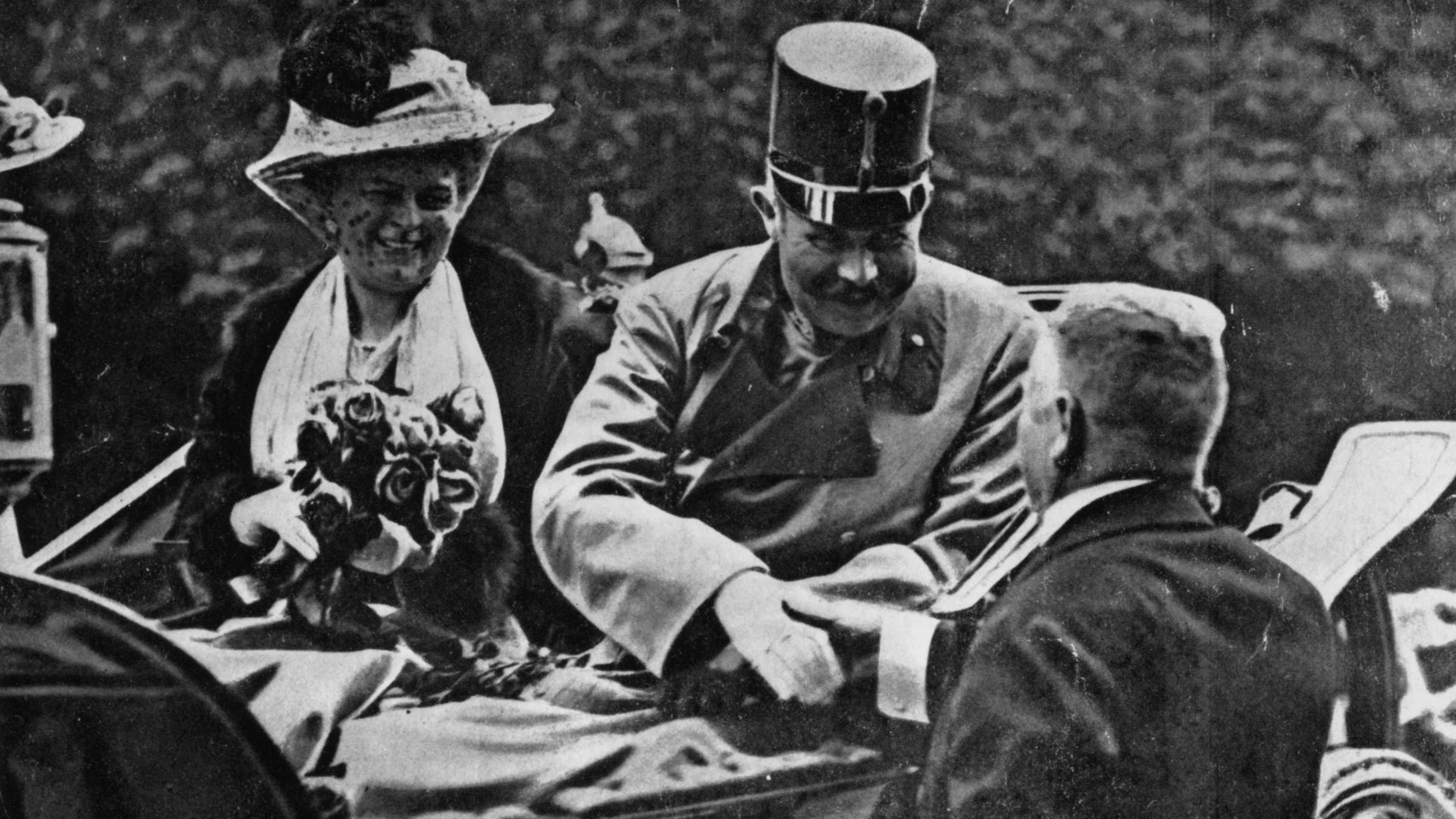 Franz Ferdinand, archduke of Austria, and his wife Sophie riding in an open carriage at Sarajevo shortly before their assassination.