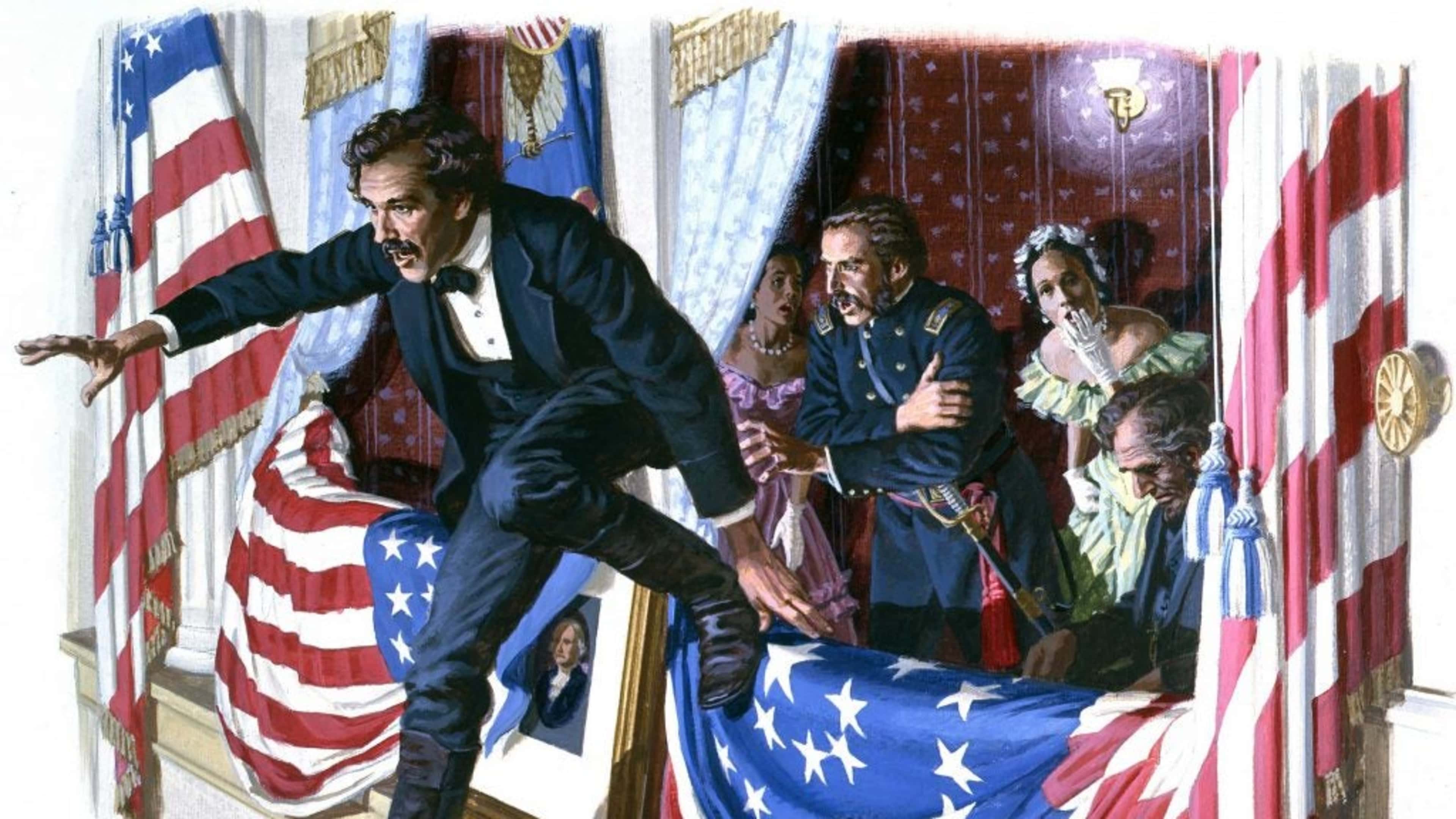 John Wilkes Booth jumping from the booth after assassinating President Lincoln at Ford's Theatre on April 11, 1865.