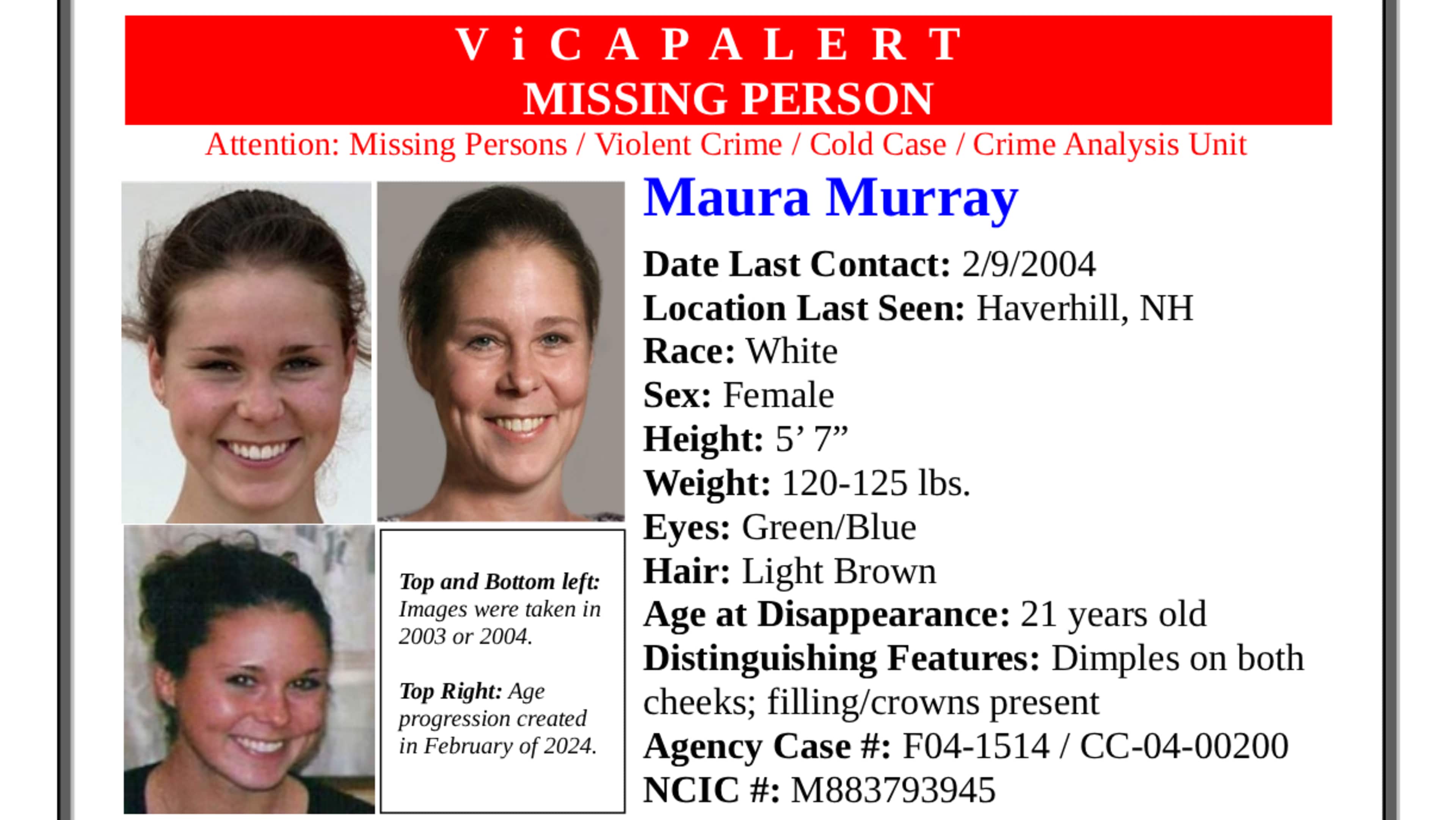 The image appears to be a missing person poster for Maura Murray, a 21-year-old female with light brown hair and green/blue eyes, who was last seen in Haverhill, New Hampshire on 2/9/2004.