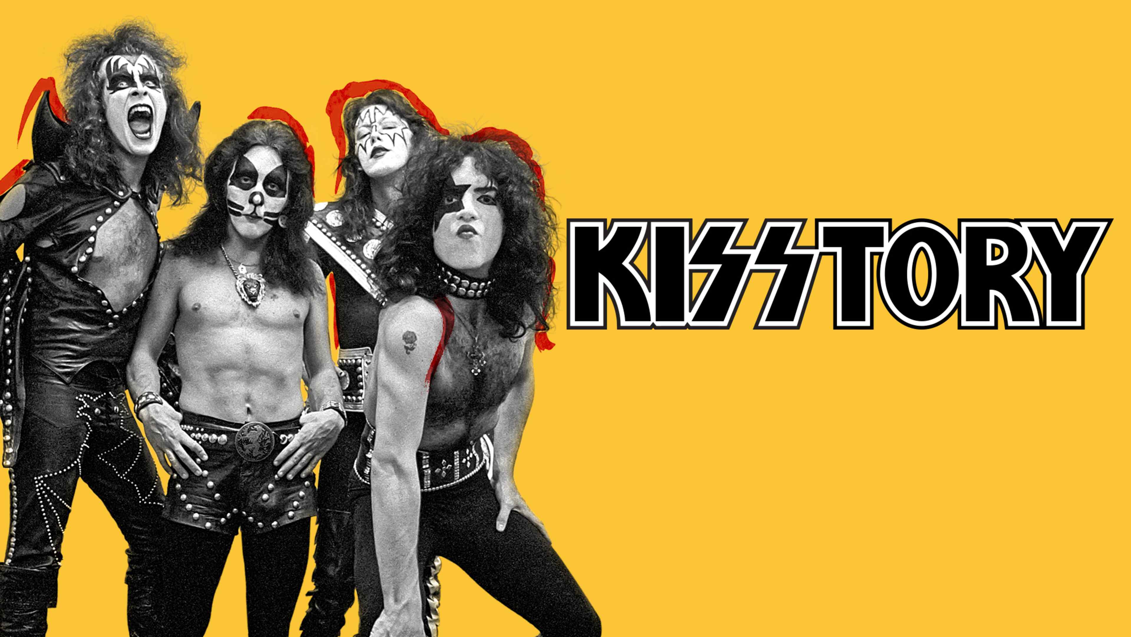 The image features a rock band called "KISSTORY" with members dressed in theatrical costumes and makeup, set against a bright yellow background.