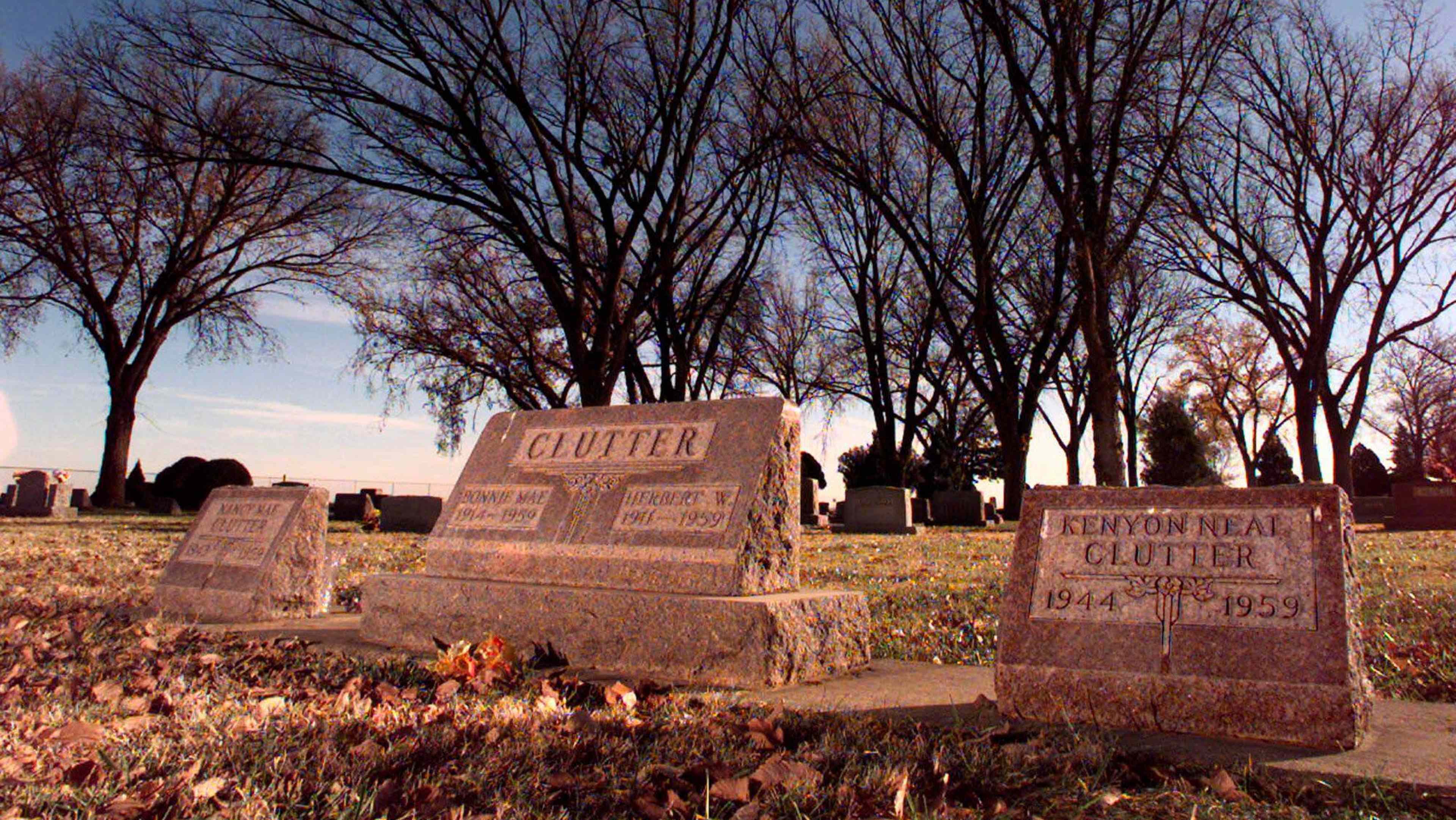 Oct. 3, 2005 - USA - KRT ENTERTAINMENT STORY SLUGGED: CAPOTE KRT PHOTOGRAPH BY JEFF ROBERSON/KANSAS STAMP STAR  (September 30) Headstones mark the graves of the Clutter family in Garden City, Kansas. The film ''Capote,'' is one of two new movies about the time Truman Capote spent in western Kansas researching his book ''In Cold Blood,'' based on the  true murders of the Clutter family. (lj) 2005 (Credit Image: © Jeff Roberson/MCT/ZUMAPRESS.com)