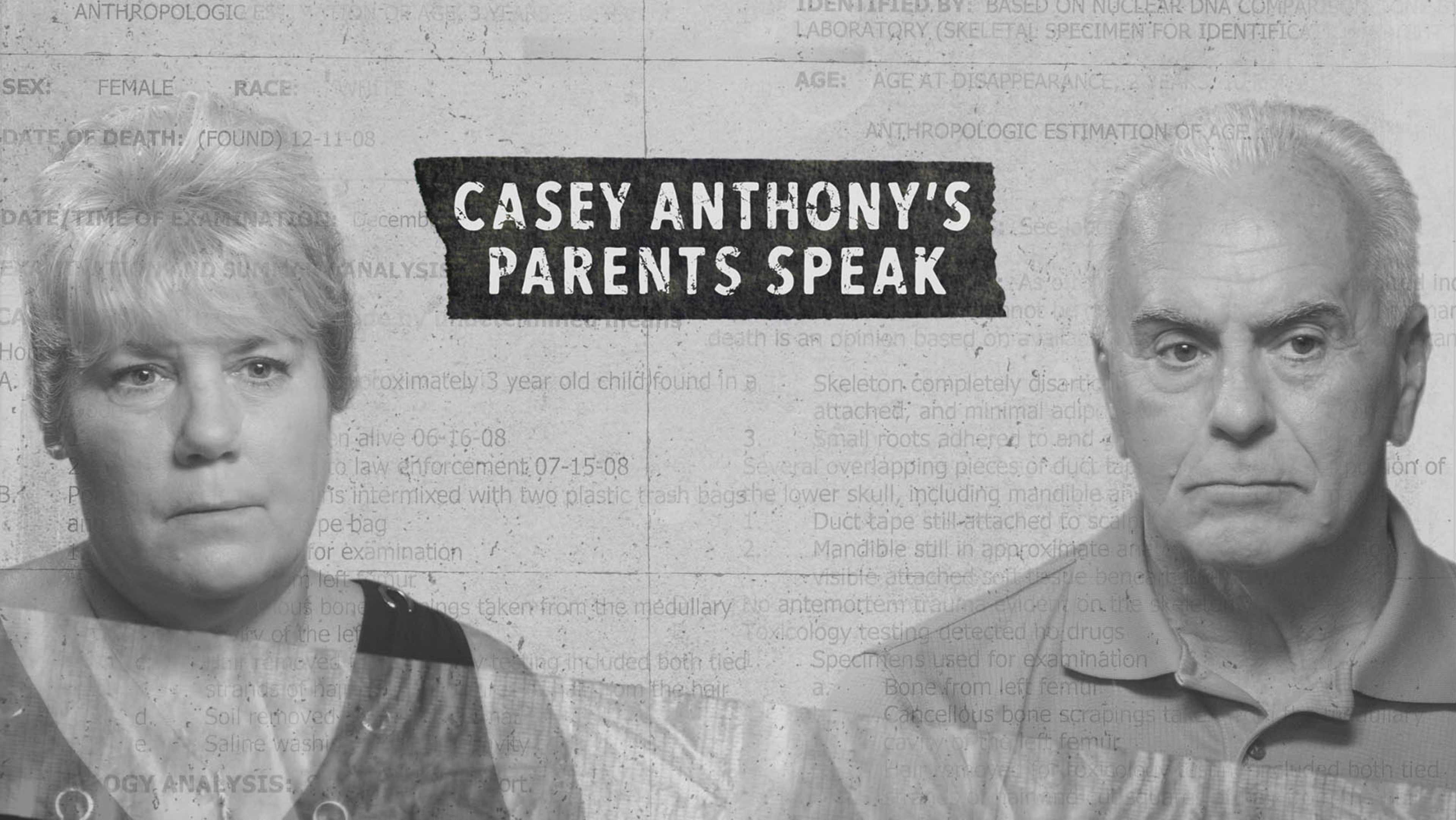 The image shows two older individuals, a man and a woman, with a sign in the foreground that reads "CASEY ANTHONY'S PARENTS SPEAK".