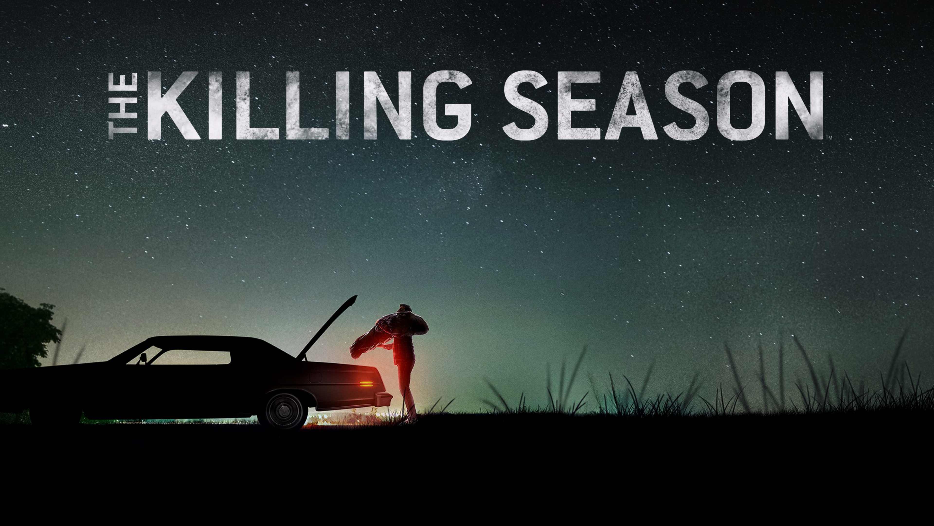 The image depicts a silhouetted figure standing next to a car in a rural setting, with the title "The Killing Season" prominently displayed against a starry night sky.