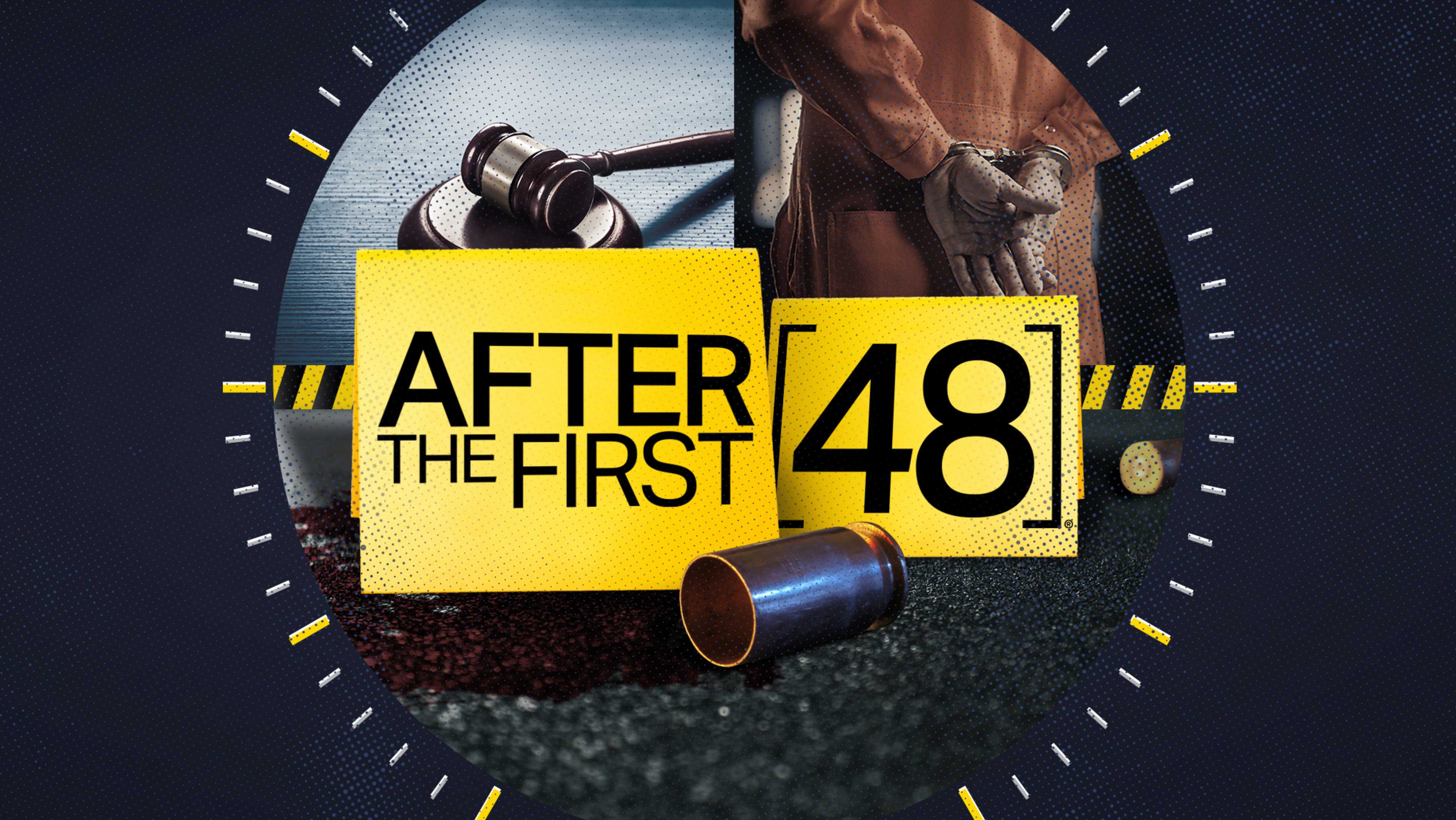 A clock face with the text "AFTER THE FIRST 48" displayed prominently, along with a gavel, a handgun, and a police badge in the foreground, suggesting a legal or law enforcement theme.