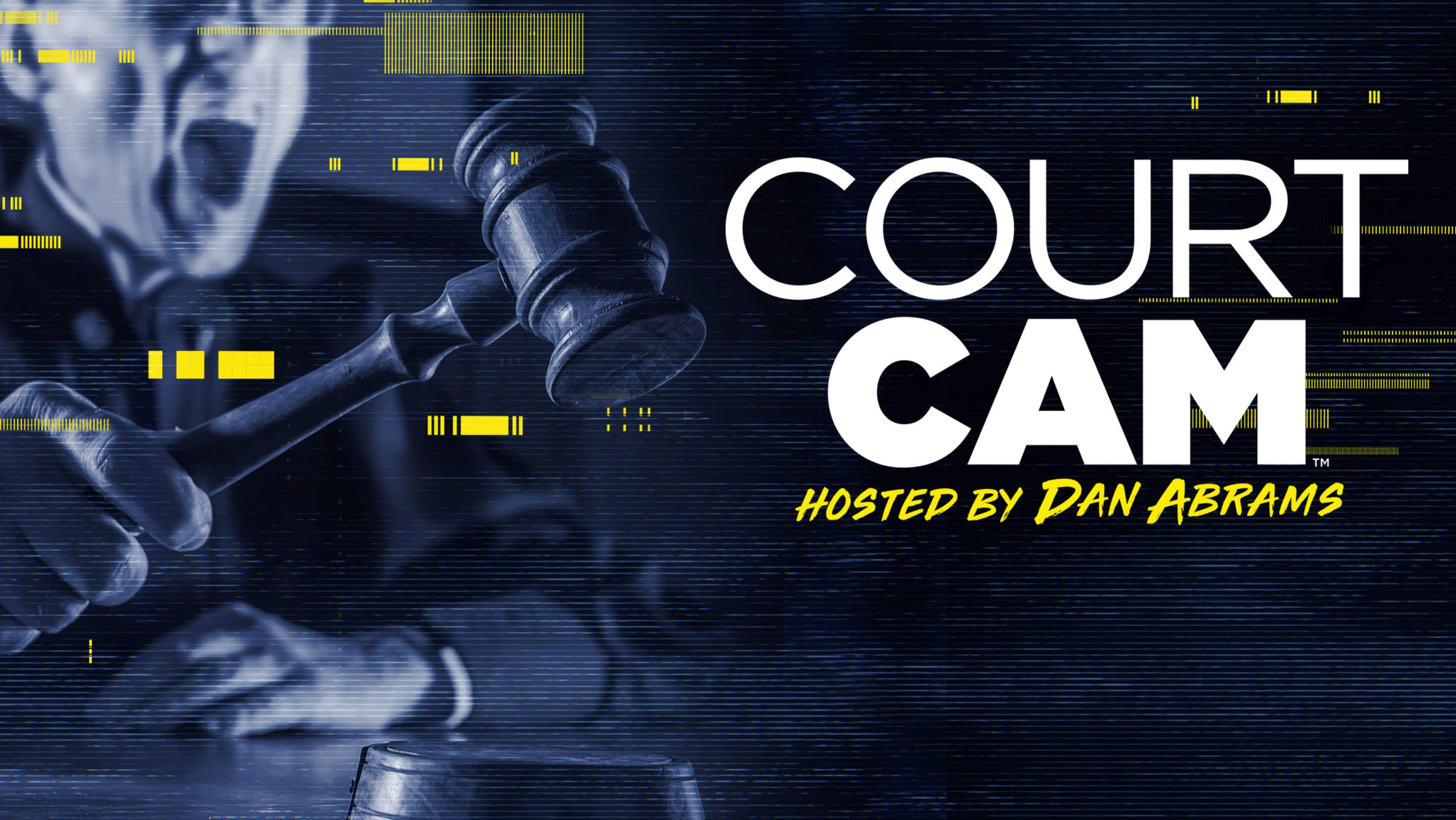 The image features the title "COURT CAM" in large white text against a dark, blurred background with various shapes and lines, suggesting a courtroom or legal setting.