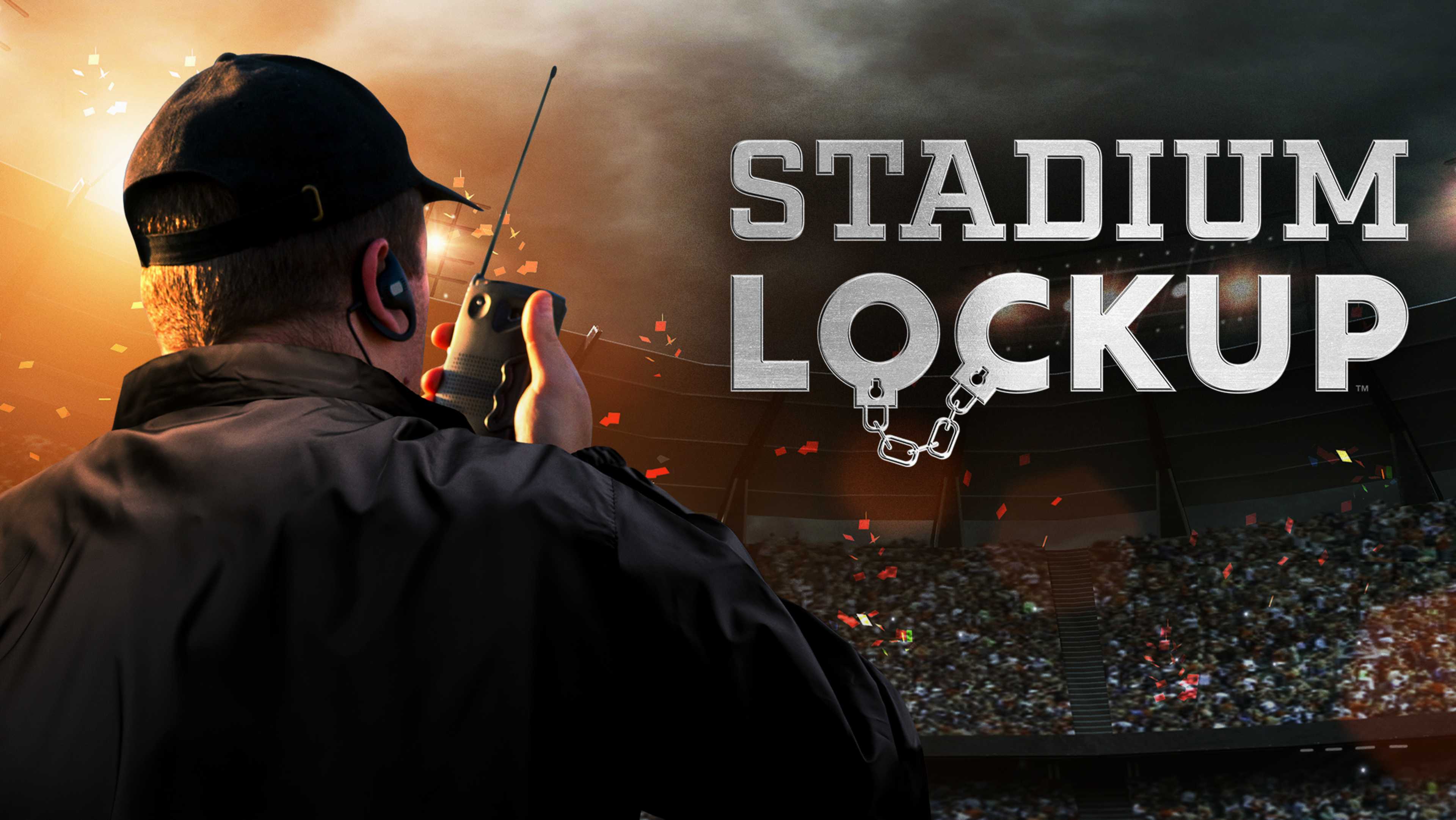 A person in a dark jacket stands in the foreground, facing a large stadium filled with spectators in the background, with the text "STADIUM LOCKUP" prominently displayed.