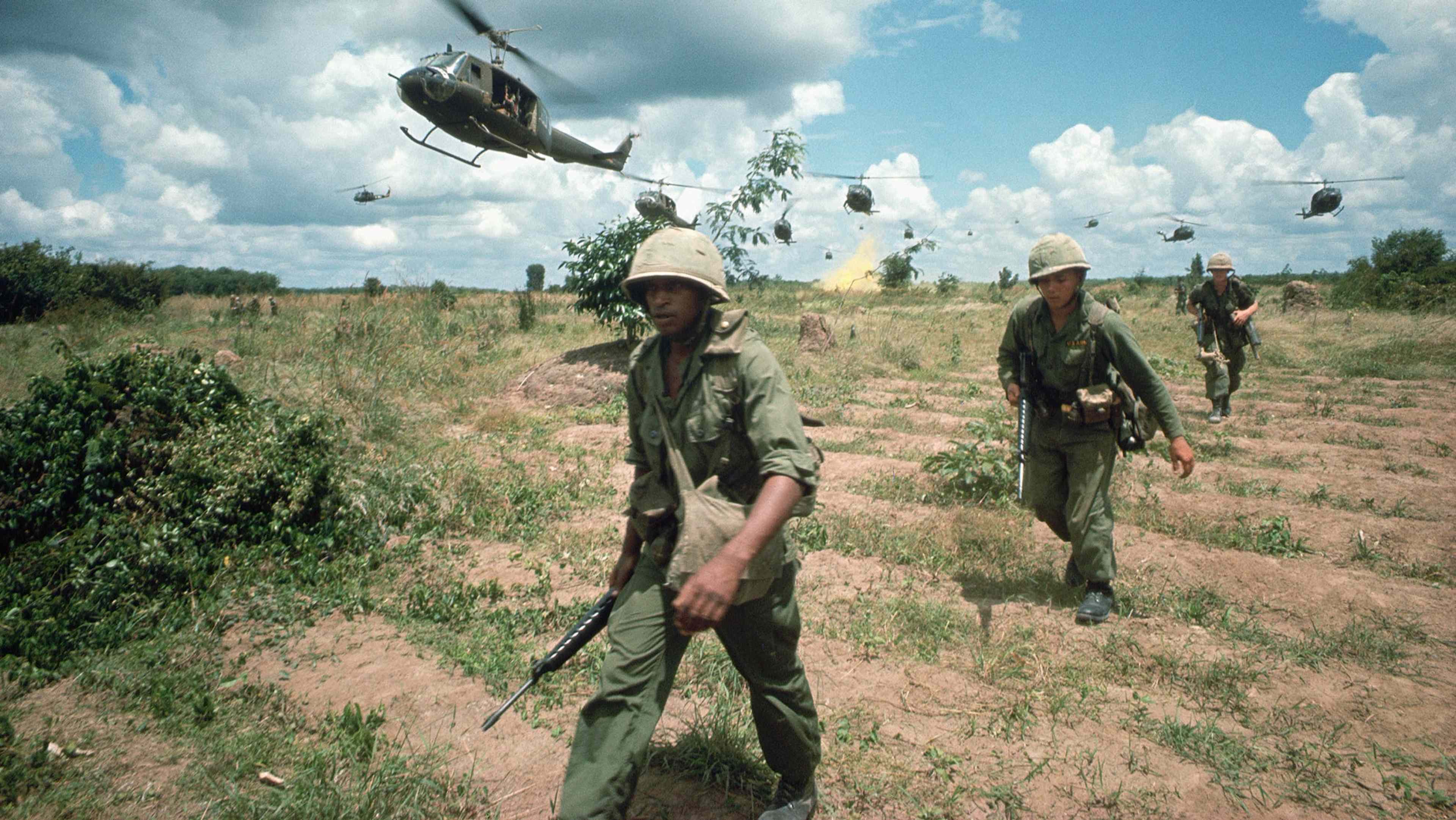 US Infantry, VietnamThe US 173rd Airborne are supported by helicopters during the Iron Triangle assault. (Photo by © Tim Page/CORBIS/Corbis via Getty Images)