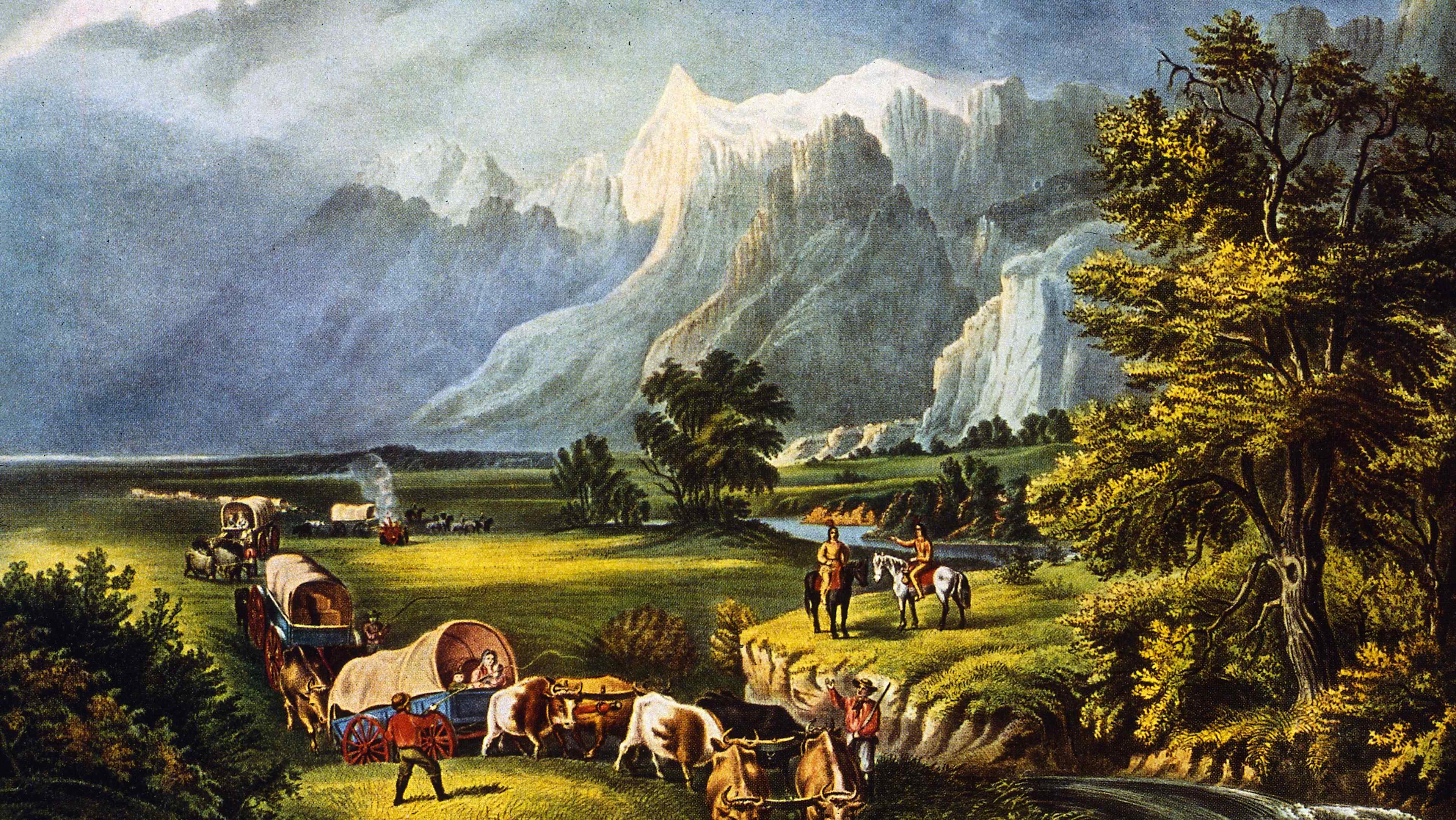 Color painting of a 19th century covered wagon train entering a valley in front of impressive mountains in the distance