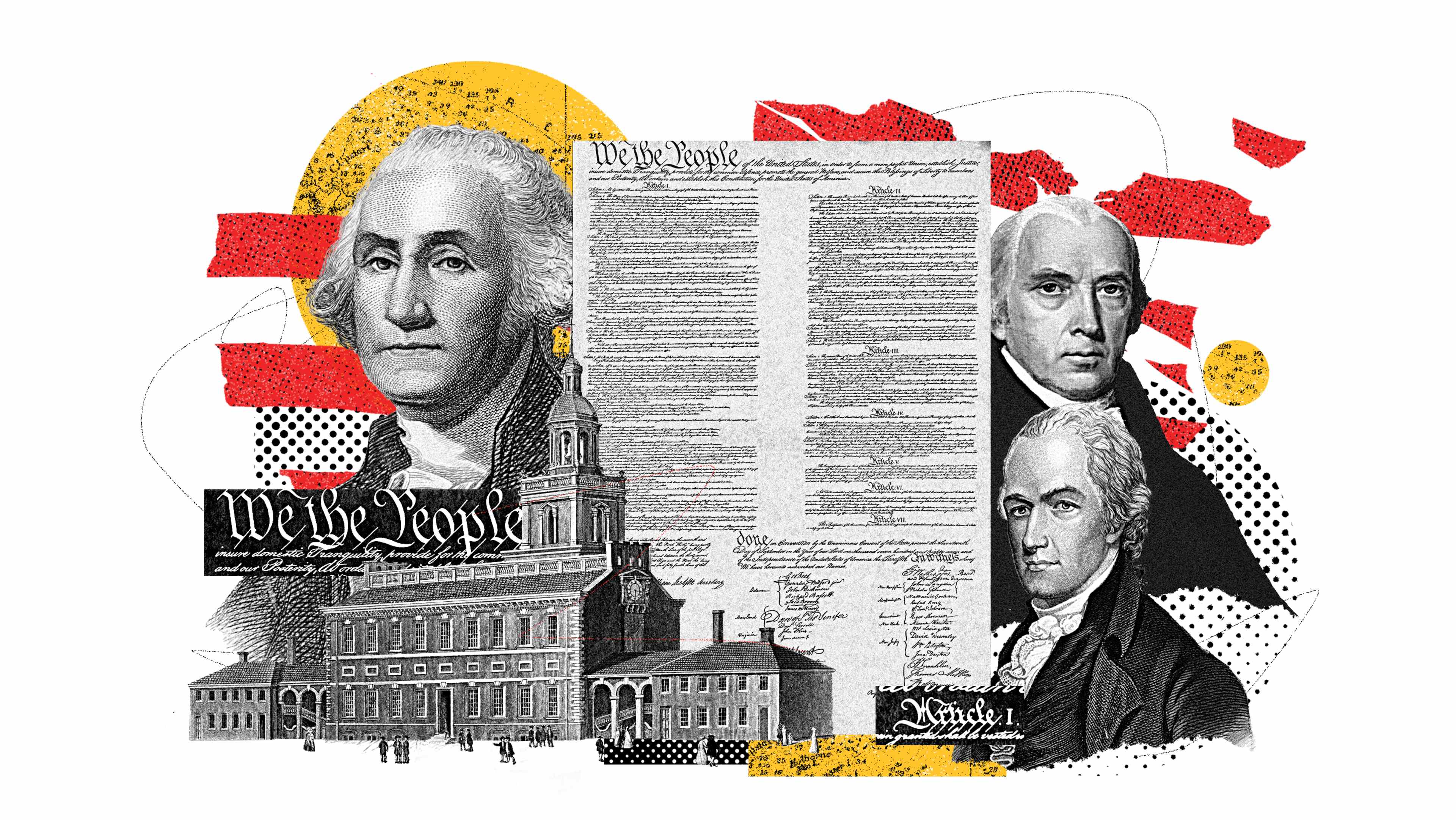 Graphic collage of U.S. Constitution icons for History.com