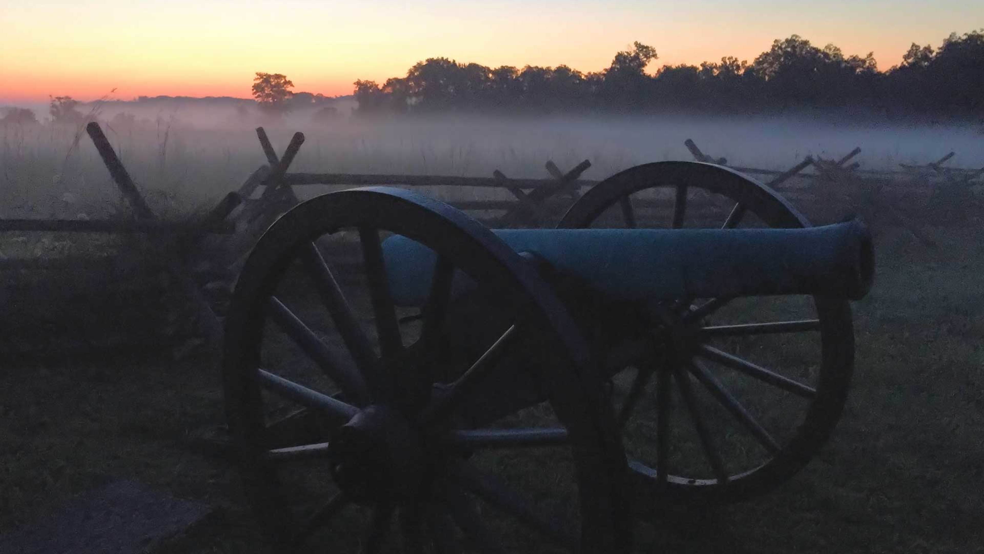 Gettysburg battlefield at dusk.
