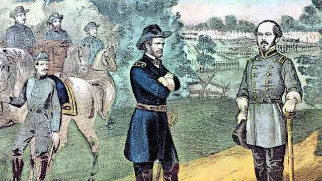American Civil War 1861-1865: William Tecumseh Sherman (1820-1891) left, Unionist (northern) general, meeting General Joseph E Johnston to discuss terms of surrender of Confederate (southern) forces in North Carolina. After Currier & Ives lithograph. (Photo by: Photo 12/Universal Images Group via Getty Images)