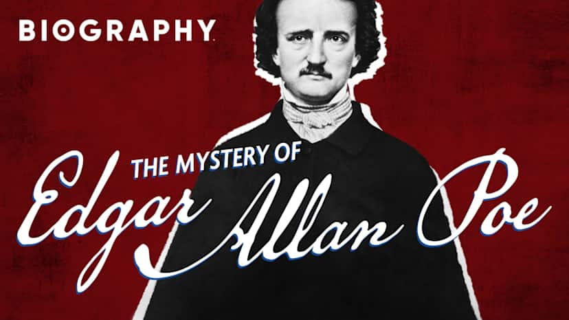 The image is a biography book cover featuring a portrait of a man with a distinctive appearance, set against a deep red background with the title "The Mystery of Edgar Allan Poe" prominently displayed.
