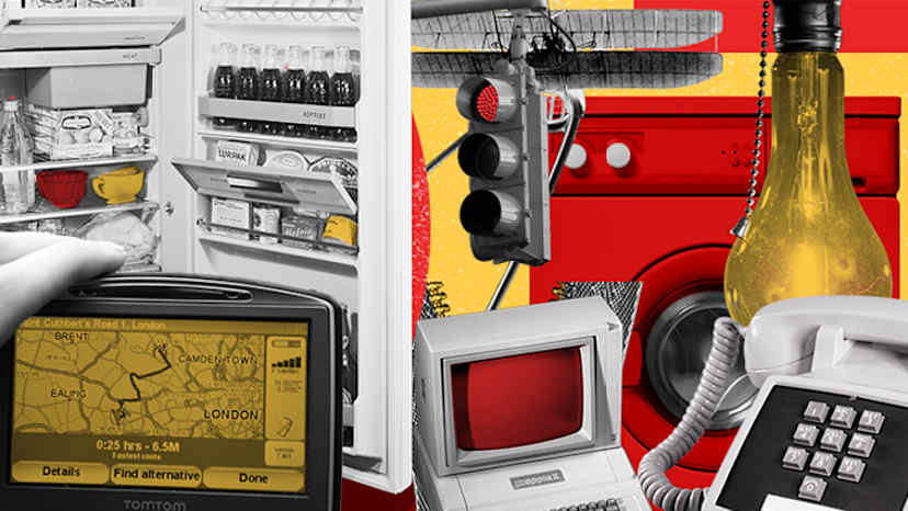 A cluttered and disorganized refrigerator interior filled with various items, including a bottle of wine, a television, and other miscellaneous objects.