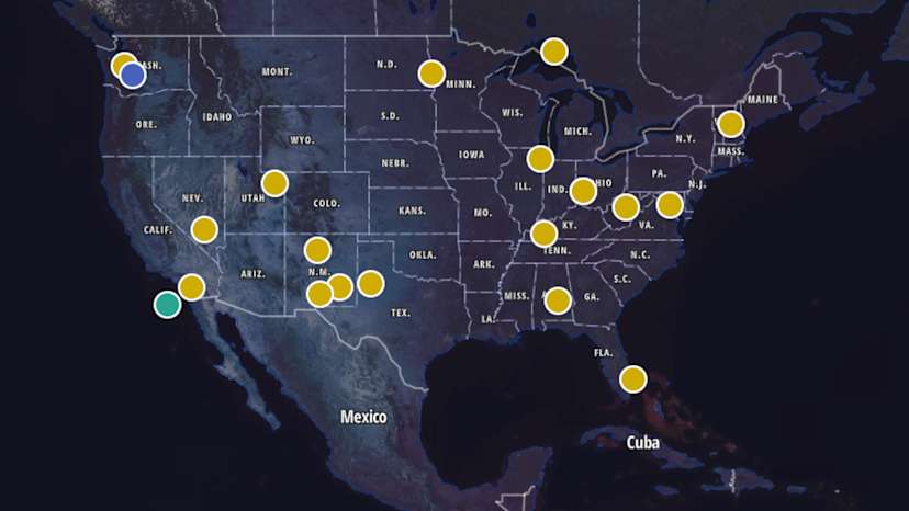 A map of the United States with yellow circles indicating various locations, set against a dark background.