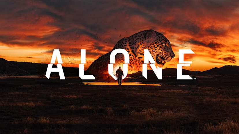 A lone figure stands in a dramatic landscape, with a fiery orange sky and a large, spotted animal in the foreground against the backdrop of a mountainous horizon.