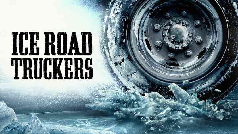 The image depicts a close-up view of a large truck tire covered in ice and snow, with the text "ICE ROAD TRUCKERS" prominently displayed above it, suggesting a wintry, hazardous driving environment.