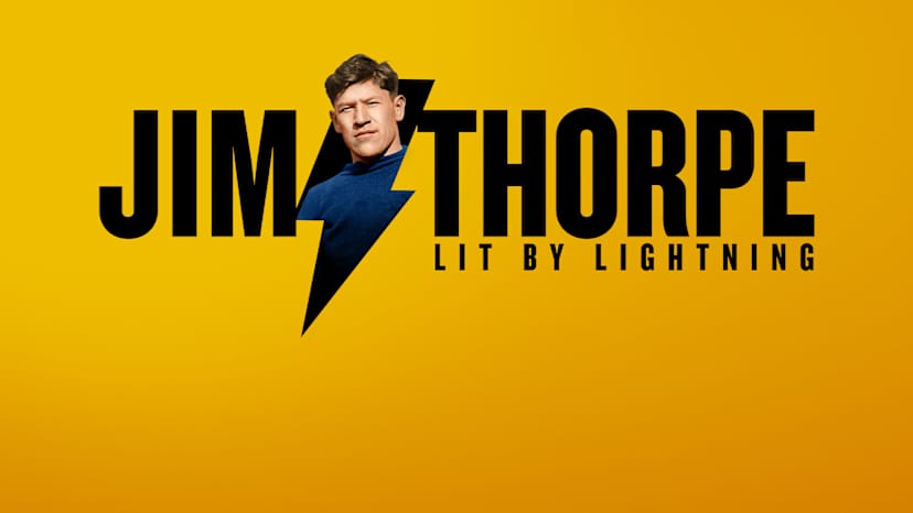 The image features a large text logo for "Jim Thorpe" with the tagline "Lit by Lightning" against a bright yellow background.