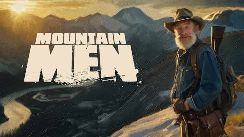 A bearded man in a cowboy hat stands in the foreground, with a mountainous landscape and the text "MOUNTAIN MEN" in the background.