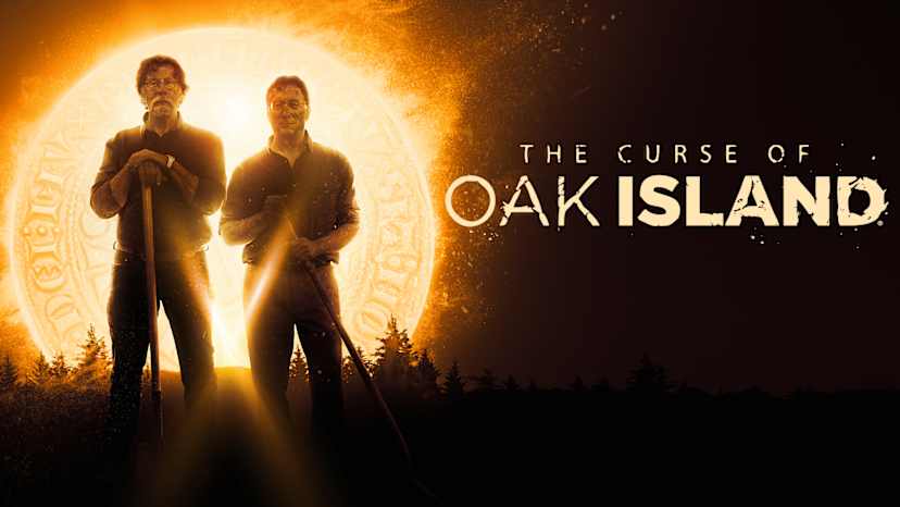 The image depicts two men silhouetted against an orange sky, with the title "The Curse of Oak Island" prominently displayed.
