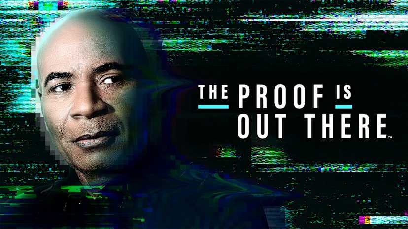 The image features a close-up of a man's face against a glitchy, distorted digital background, with the text "THE PROOF IS OUT THERE" prominently displayed.