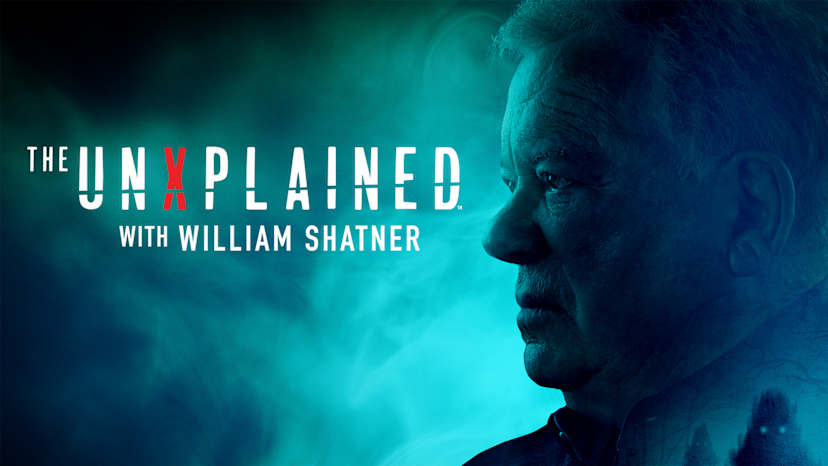 A close-up portrait of a man's face, partially obscured by a hazy, teal-colored background, with the title "The Unexplained with William Shatner" prominently displayed.