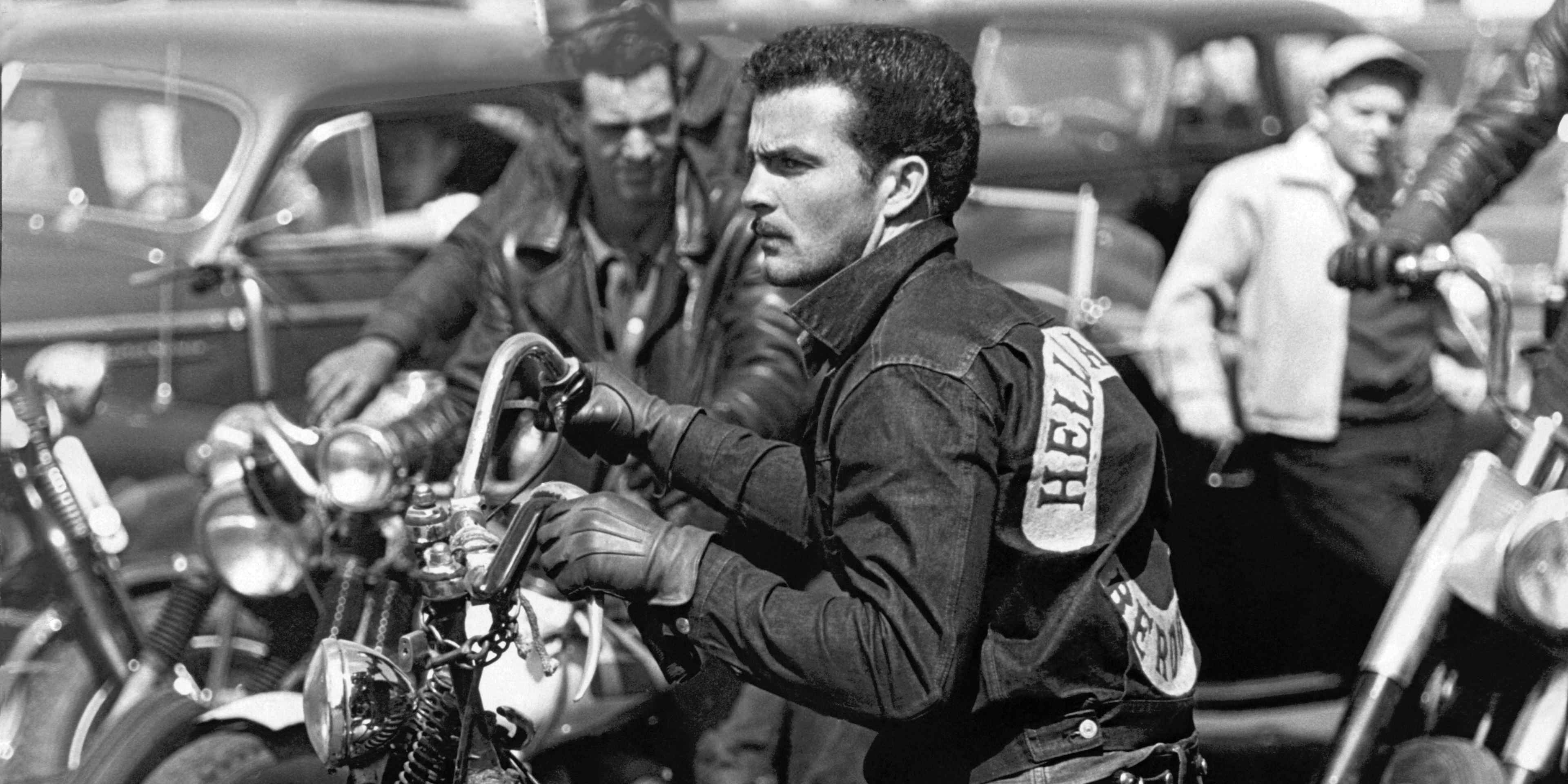 A Hell's Angel from San Bernardino on his motorcycle at a gathering, San Francisco, California, mid 1950s.