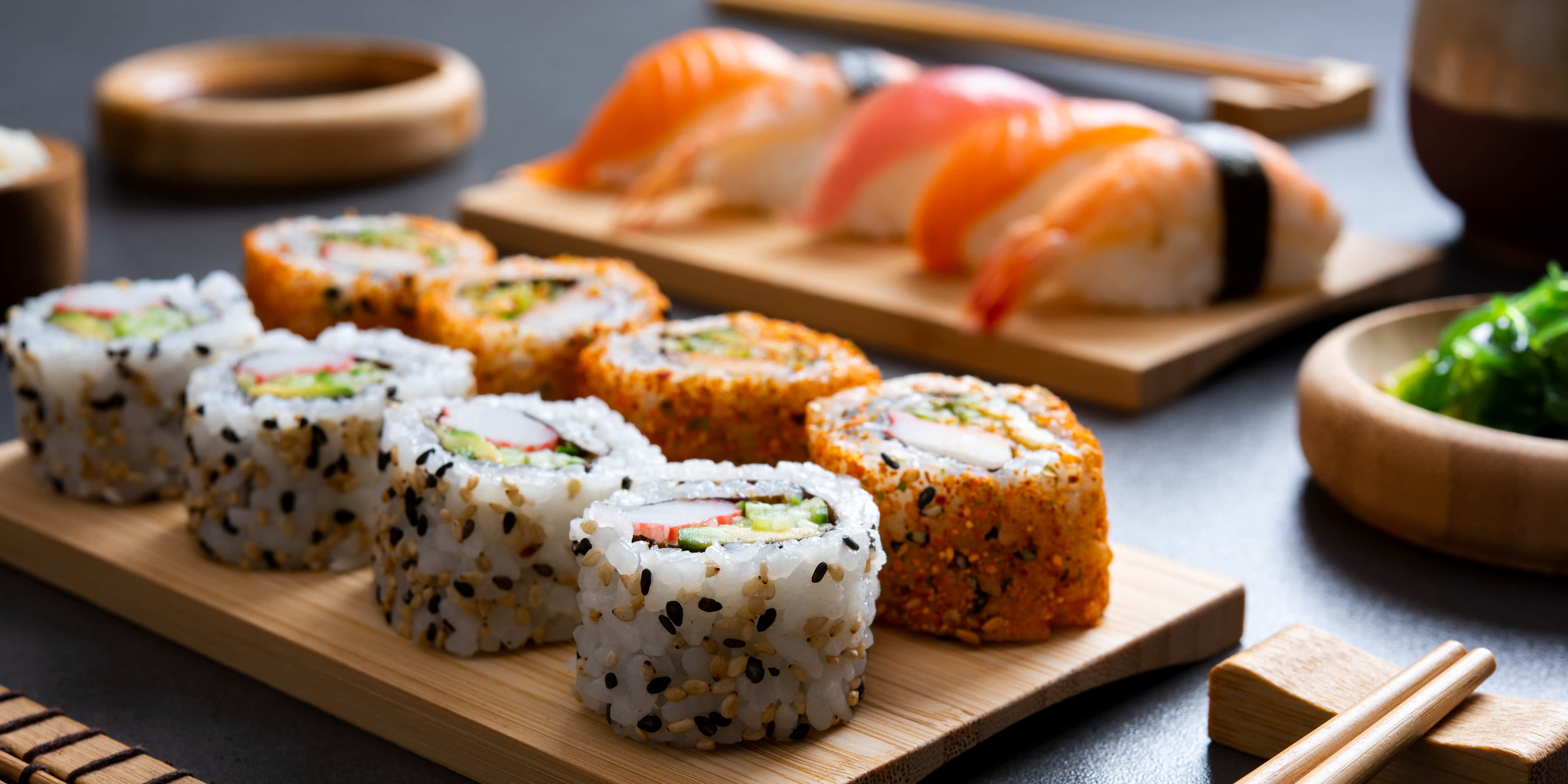 Sushi set on bamboo plate