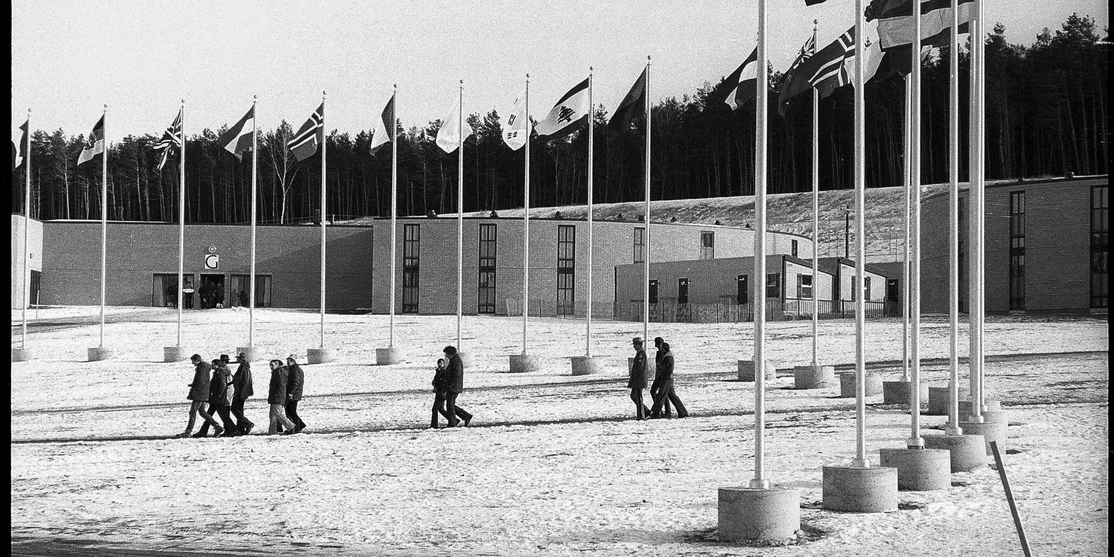 Olympic games Lake Placid 1980: Olympic village with flags,Olympic games Lake Placid 1980: Olympic village with flags