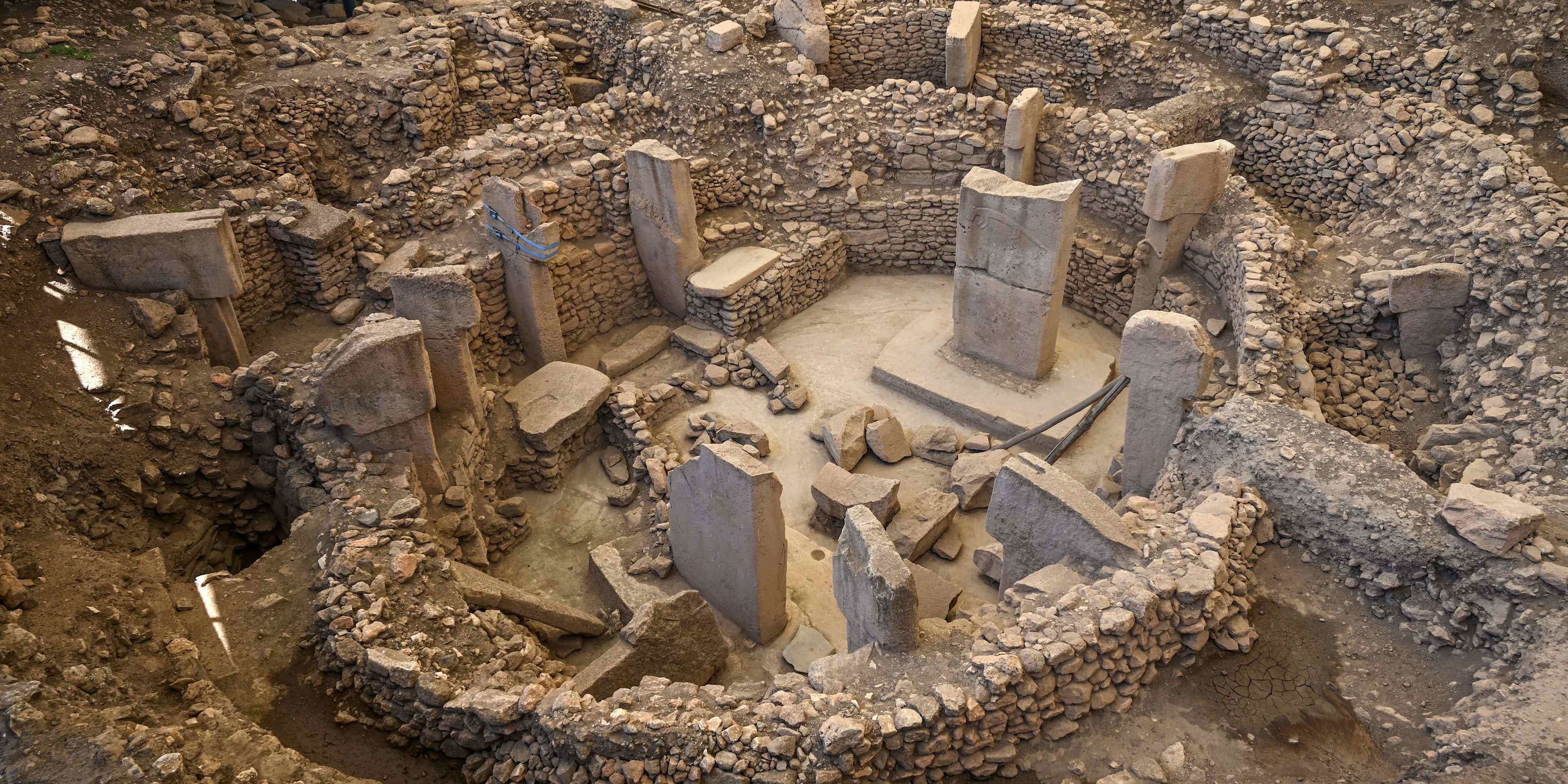Stone pillars at Göbekli Tepe archaeological site in Şanlıurfa, Turkey. 