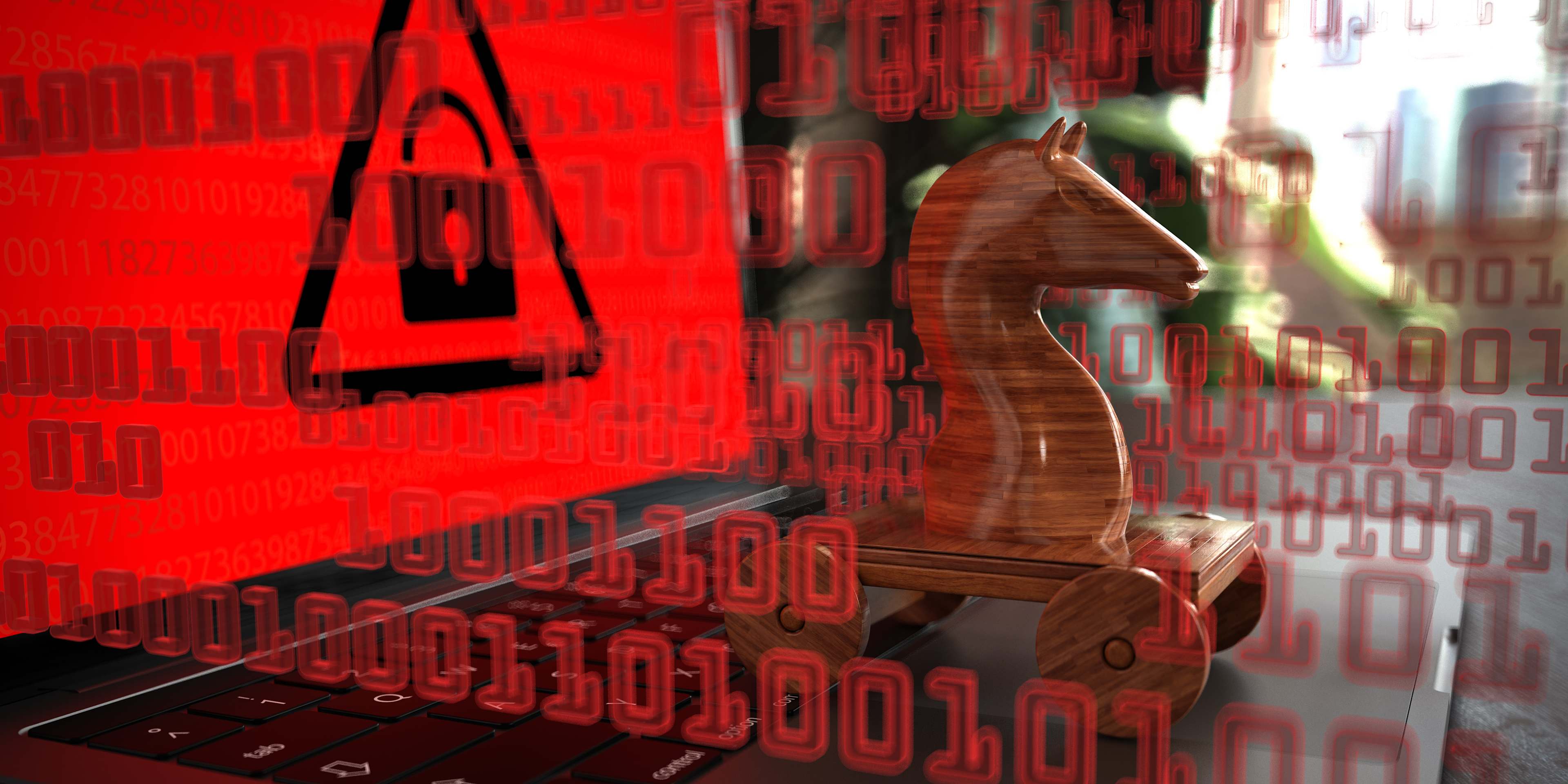 illustration of a wooden trojan horse emerging from a computer screen