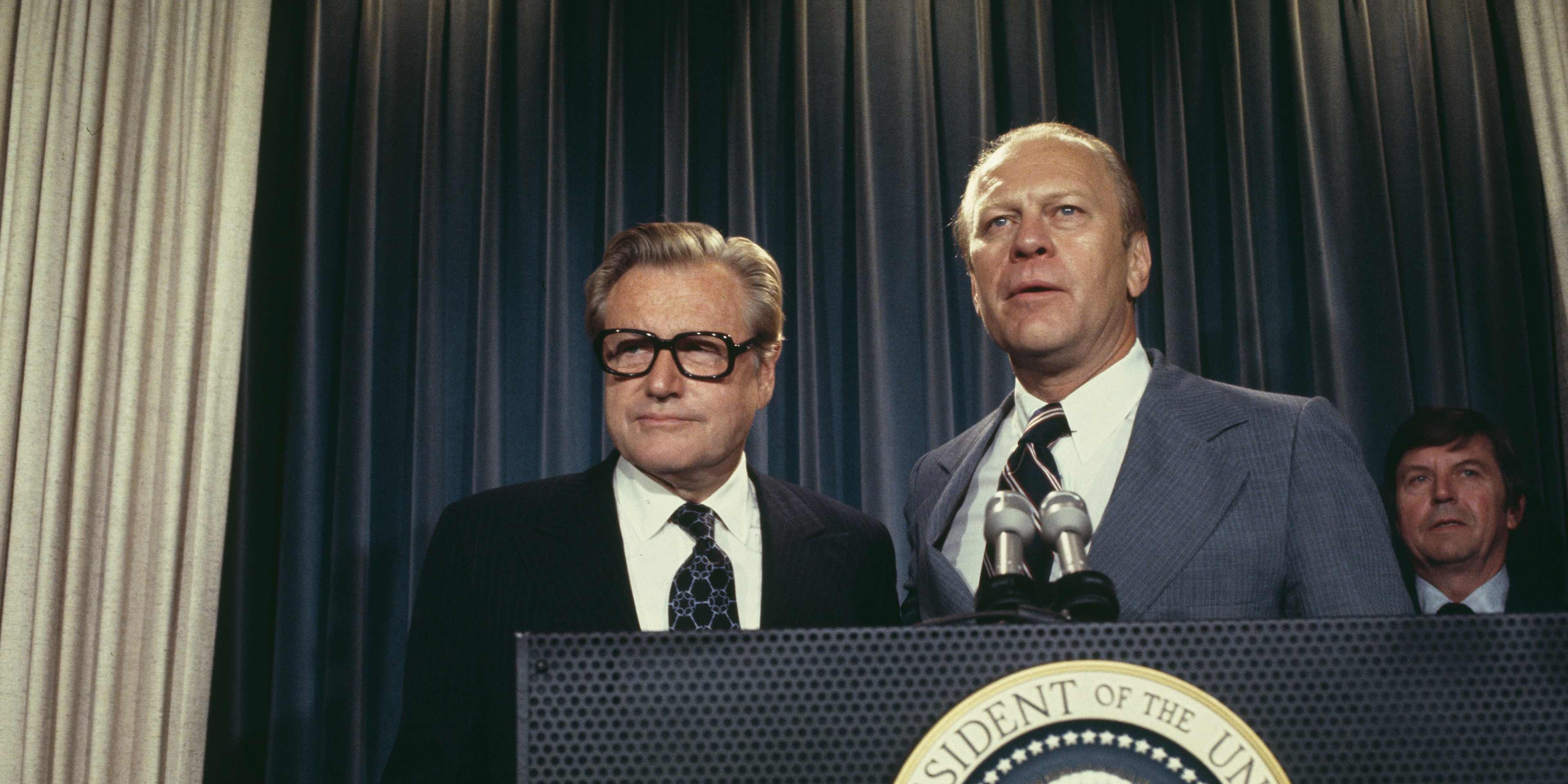 August 20th, 1974: President Gerald Ford announces at the White House that New York Governor Nelson Rockefeller (left) will become the new vice president.