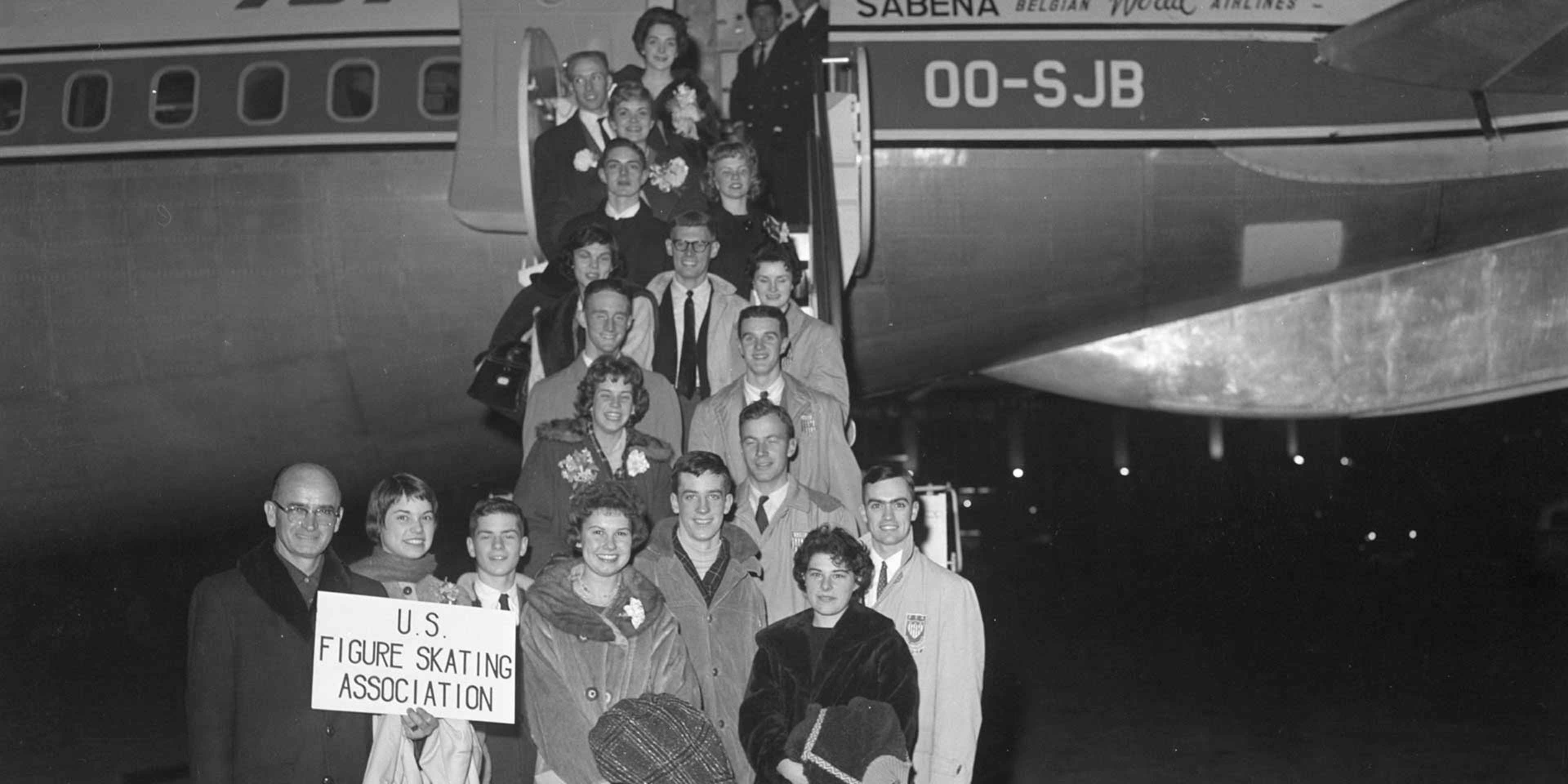 The 18 members of the U.S. figure skating team as they boarded the ill-fated flight to Brussels on February 4, 1961.